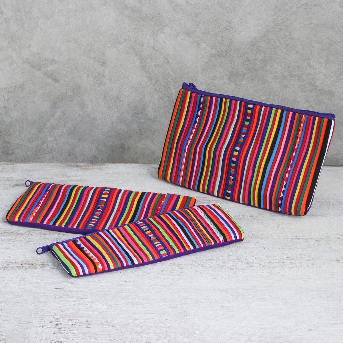 Purple Striped Makeup Cases from Thailand (Set of 3) - Purple Lisu Chic