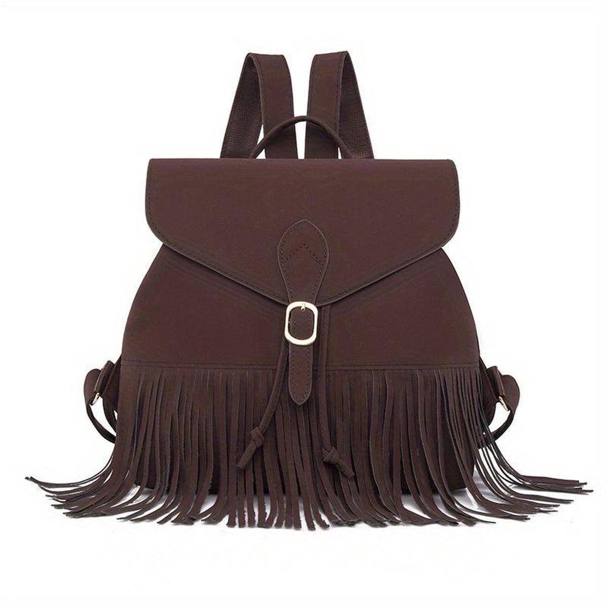 Retro Flap Backpack with Fringe Decor - Travel & Work Daypack