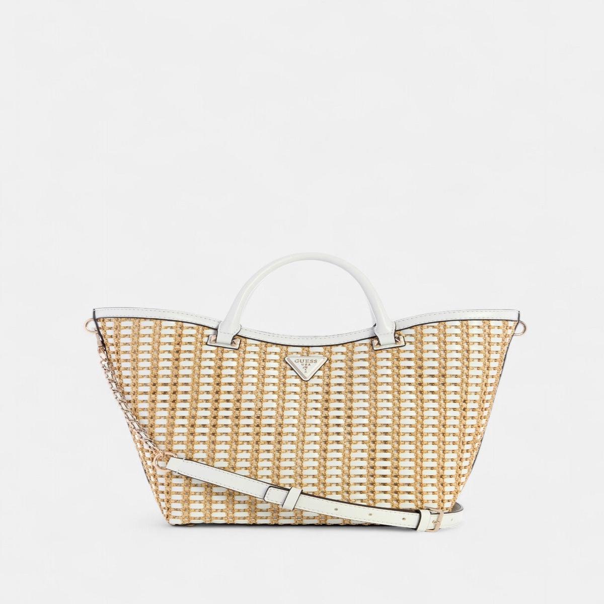 Beige White Atalia Raffia Tote Bag