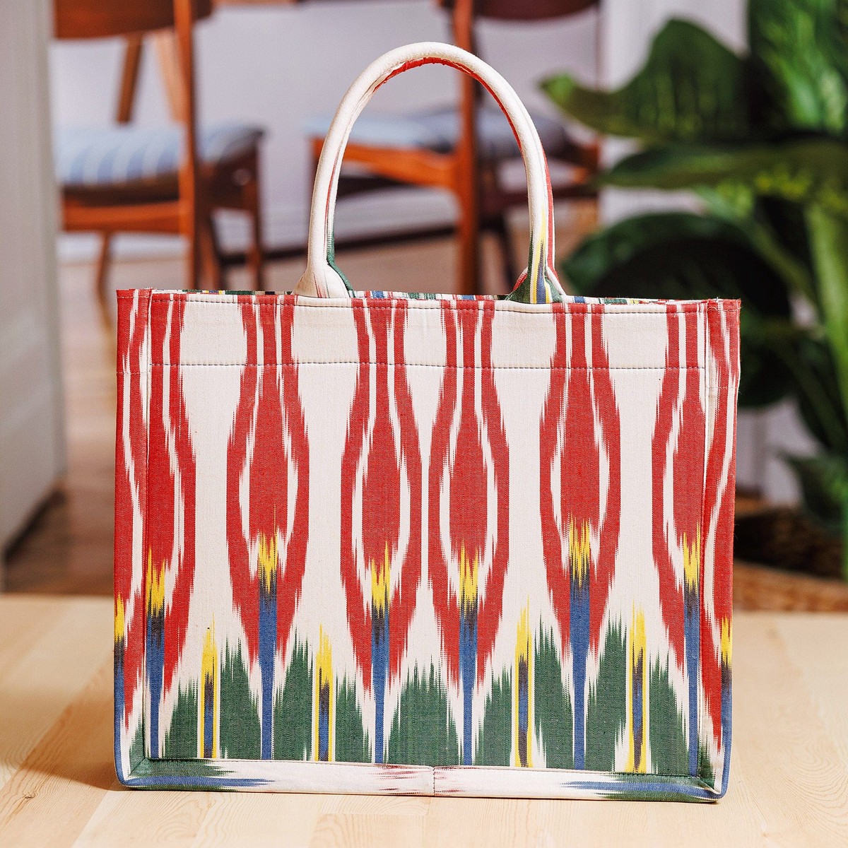Handmade Red and Green Ikat Patterned Cotton Tote Bag - Splendorous Moment