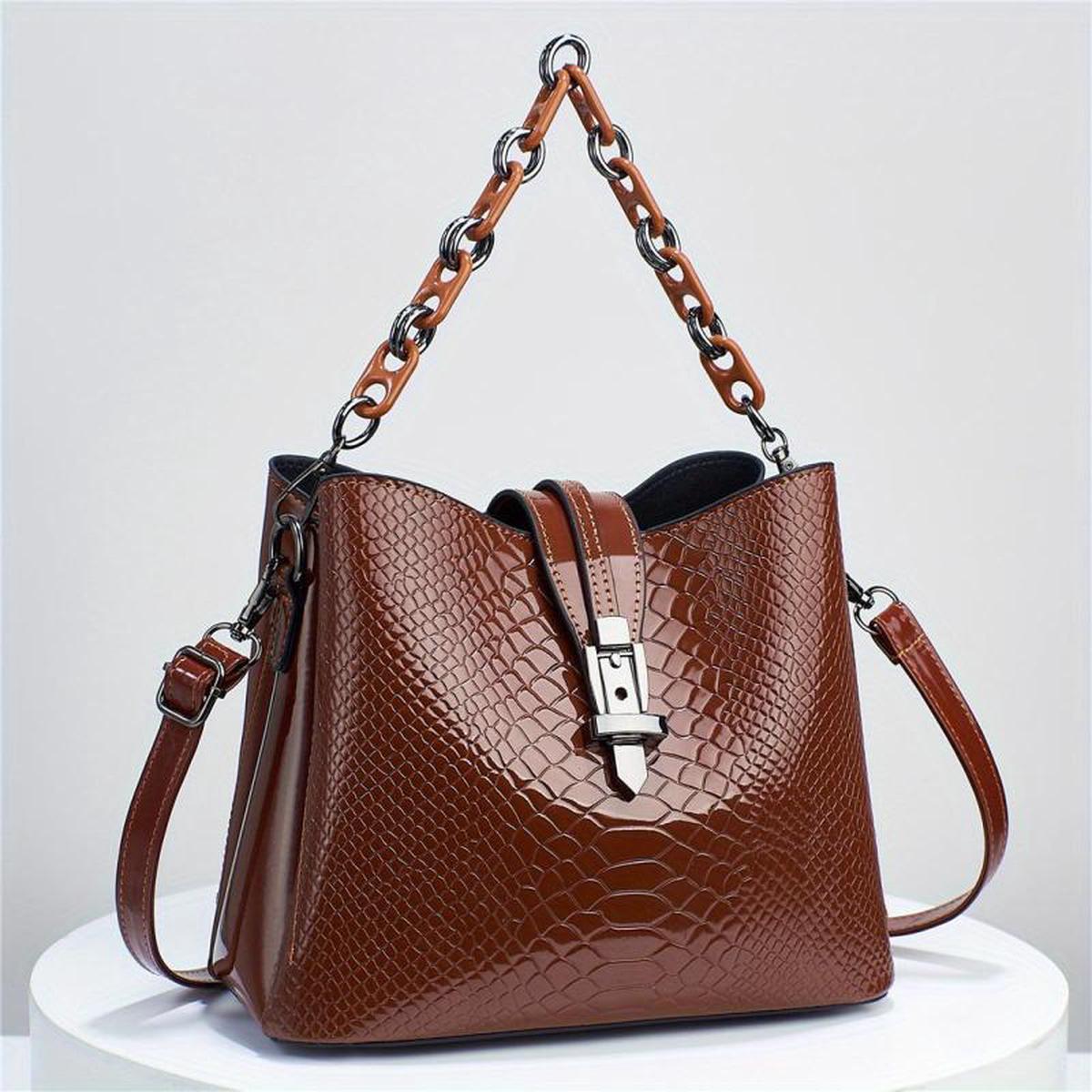 Crocodile Embossed Bucket Bag Chain Handbags Bright Crossbody Bag