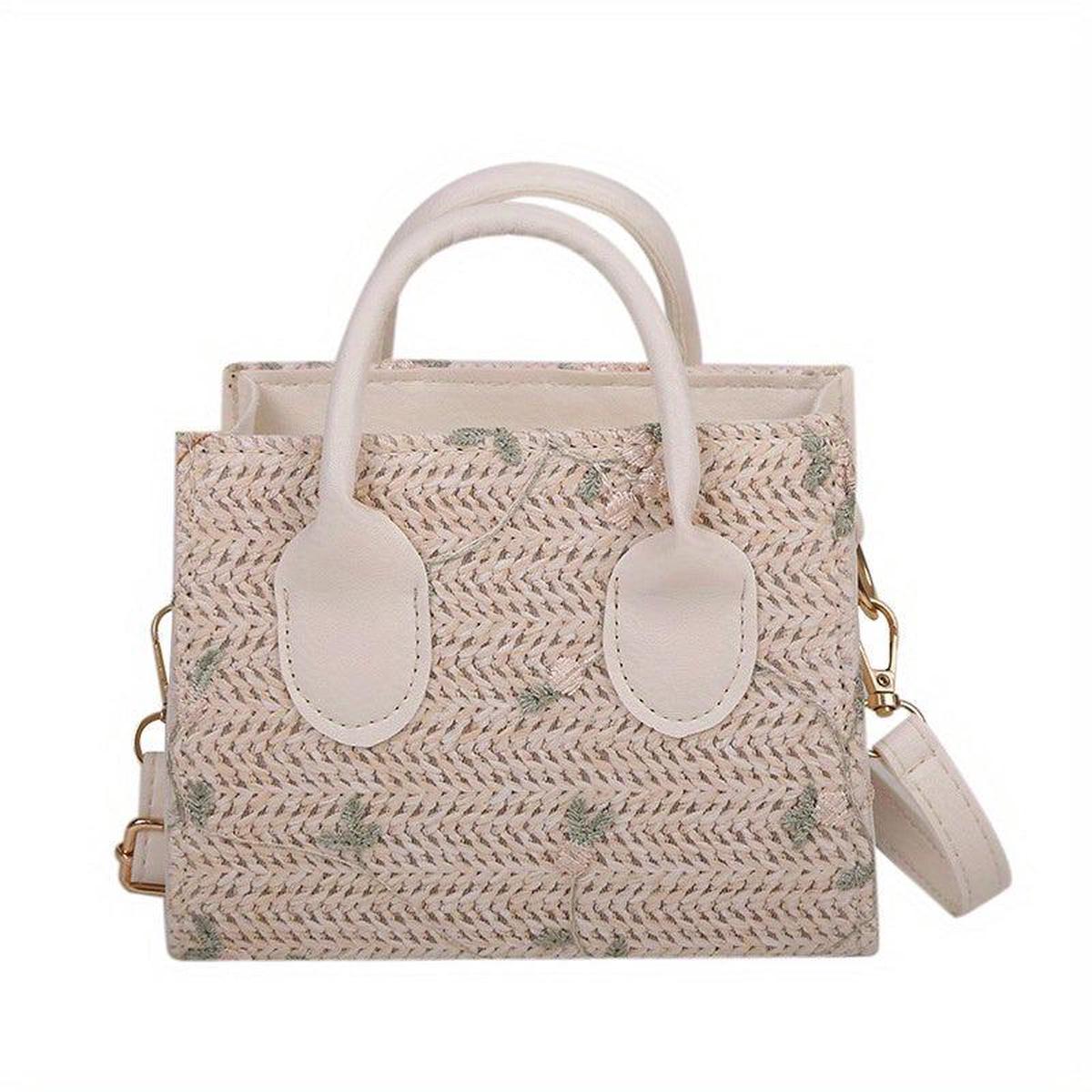Flower Embroidered Straw Tote Bag Square Shoulder Bag