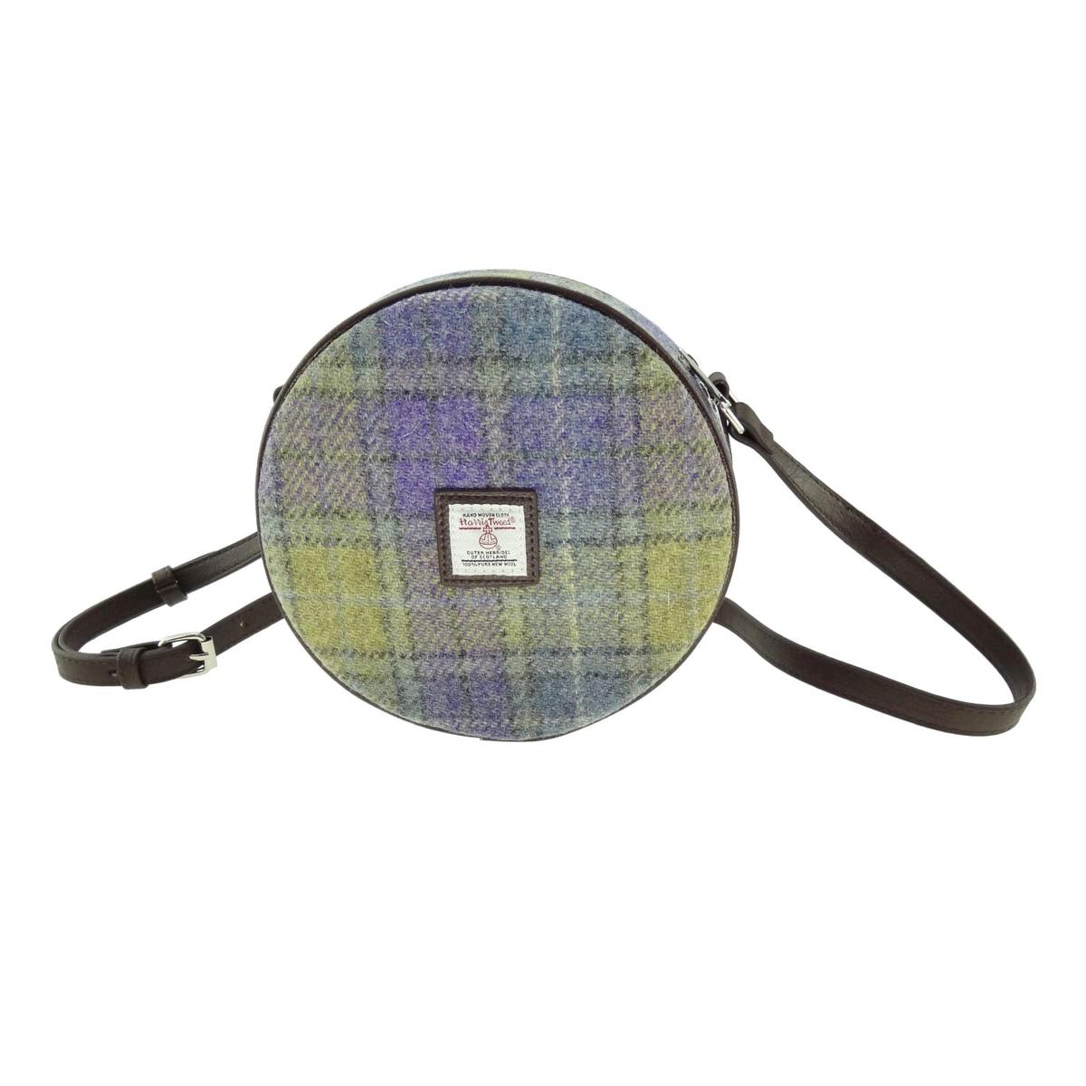 Glen Appin Harris Tweed Bannock Small Round Shoulder Bag Lilac & Green Check