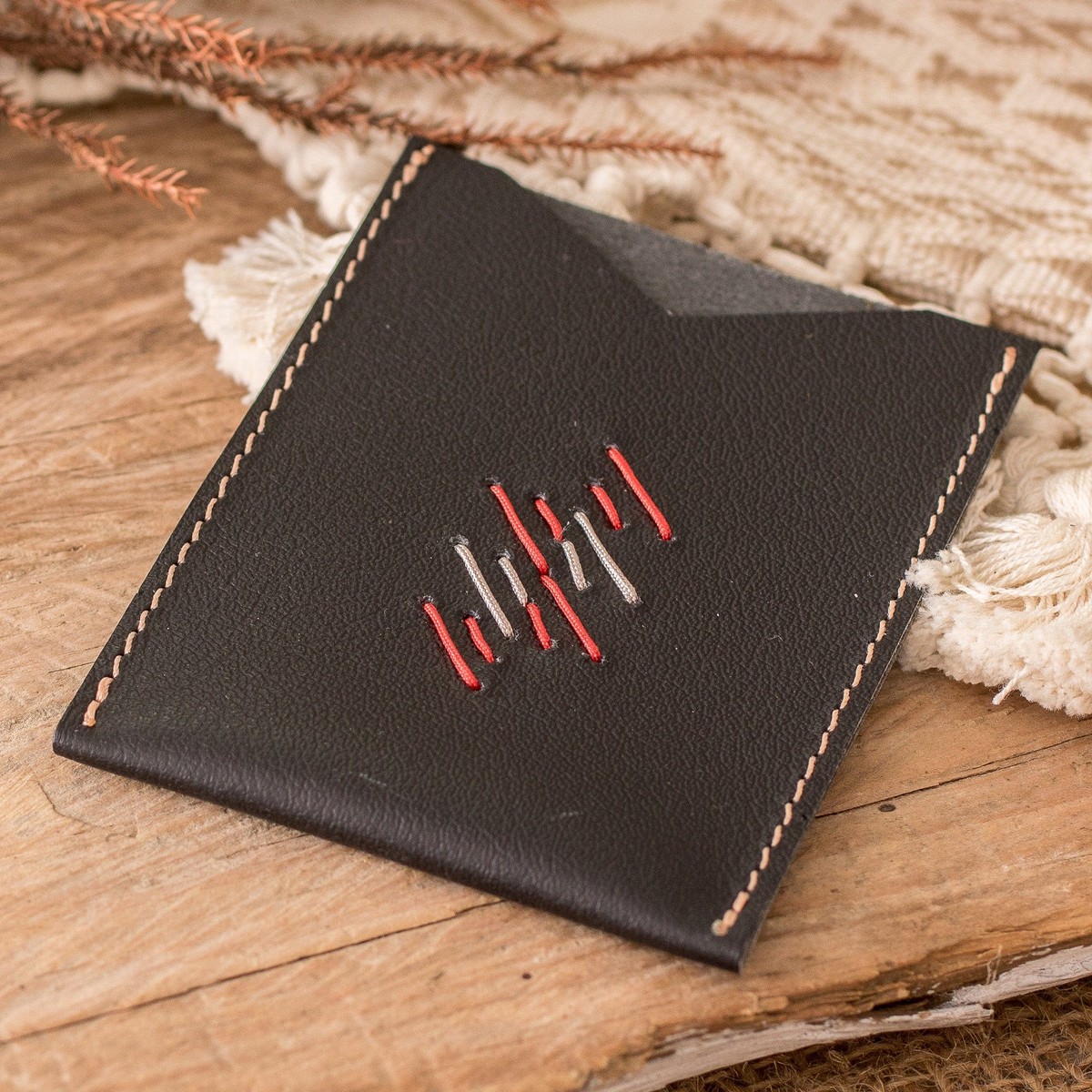 Handcrafted 100% Leather Card Holder in Black Red and Grey - Urban Elegance