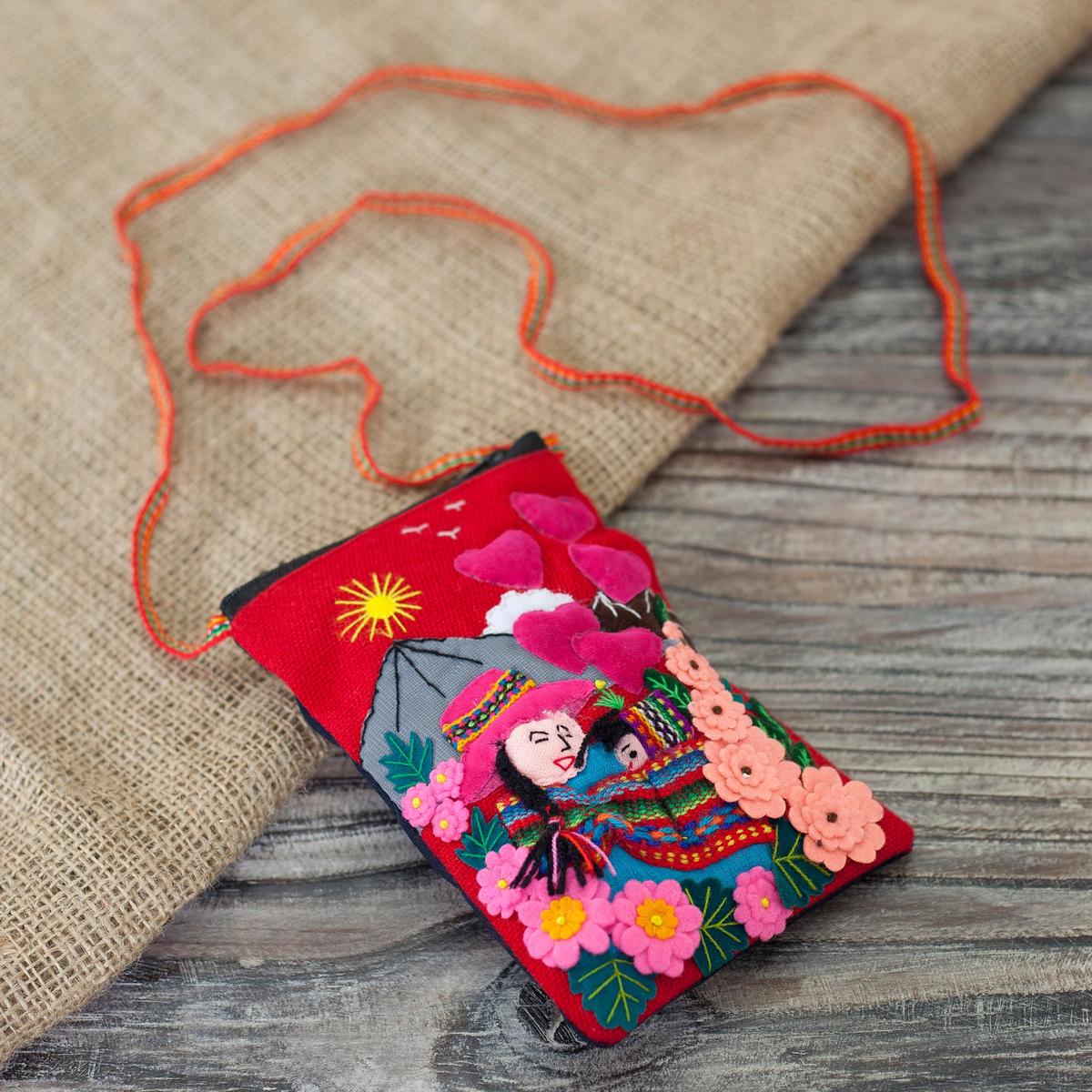 Handcrafted Arpillera Cotton Blend Cell Phone Bag from Peru - Mama of the Andes