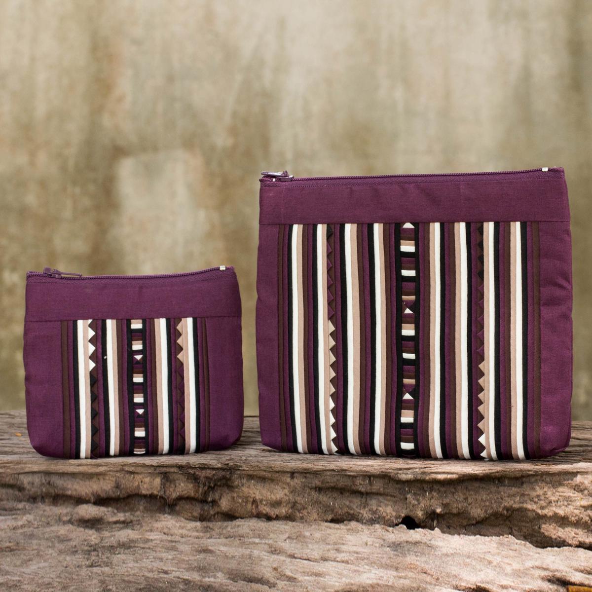 Maroon Cotton Blend Cosmetic Cases from Thailand (pair) - Exotic Lisu in Wine