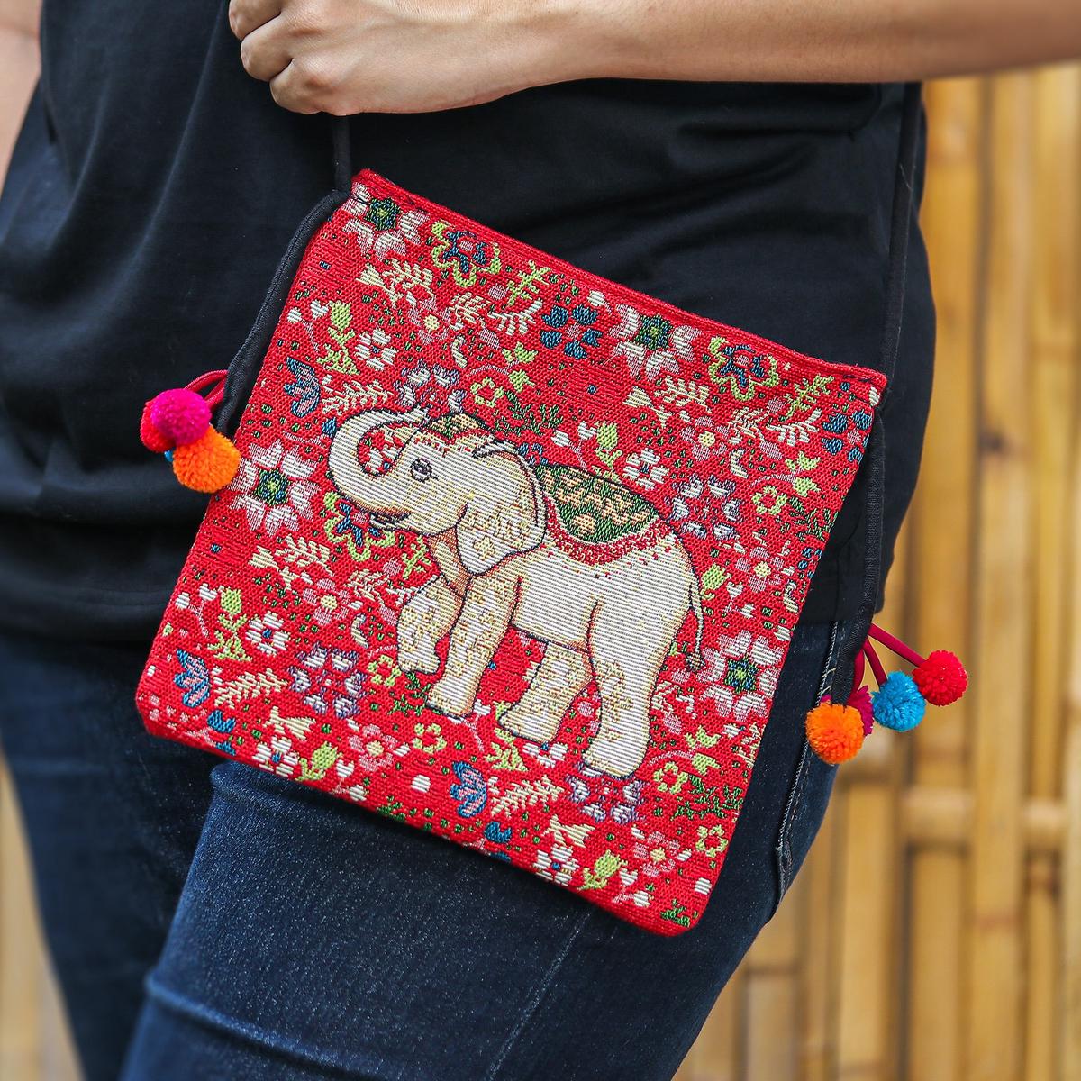 Traditional Elephant-Themed Floral Red Sling with Pompoms - Elephant's Joy