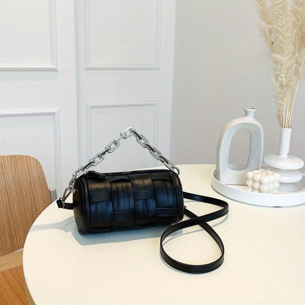 Woven Metal Chain Cylinder Crossbody Bag PU Leather Barrel Bag