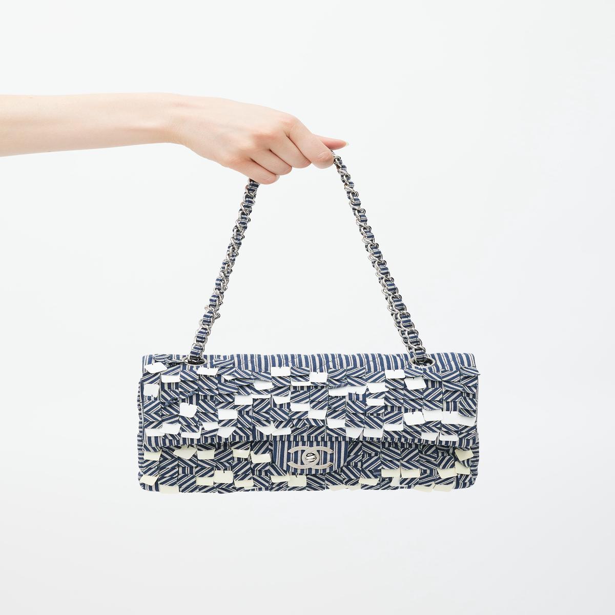 2006-8 Blue & White Cotton Fringed Double Flap Bag