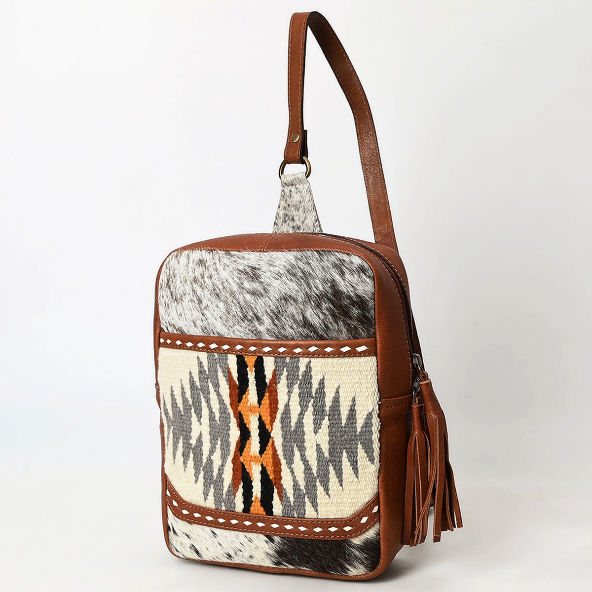 American Darling Hand Woven Saddle Blanket & Hair-On Cowhide Vegetable-Tanned Genuine Leather Sling Bag with YKK Zipper