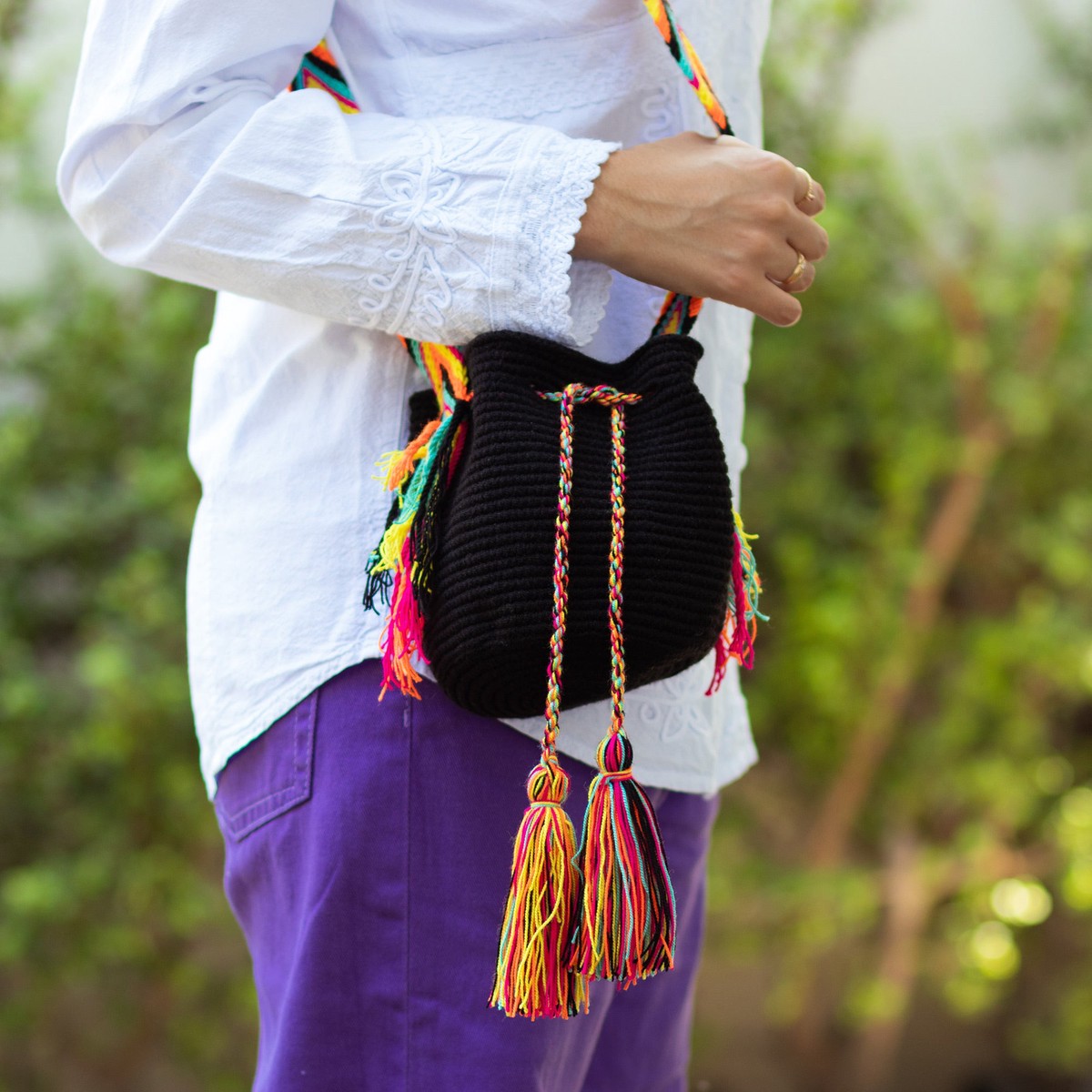 Black Crocheted Sling Bag with Multicolored Accents - Wayuu Glam