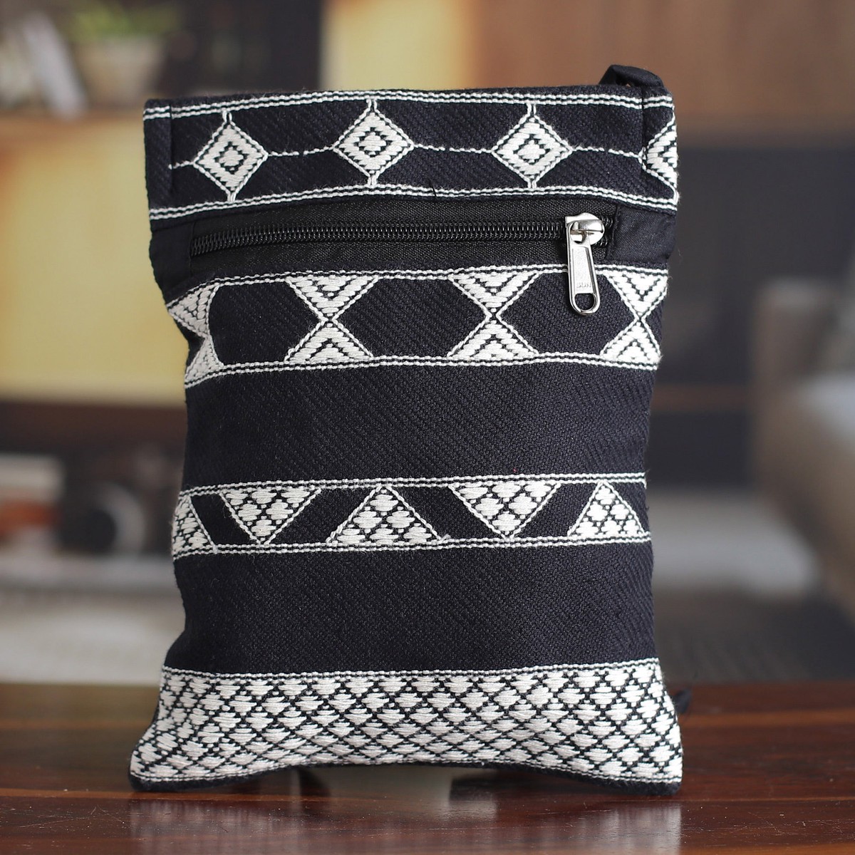 Hand Woven Black and White Cotton Sling Bag - Rajasthani Roads