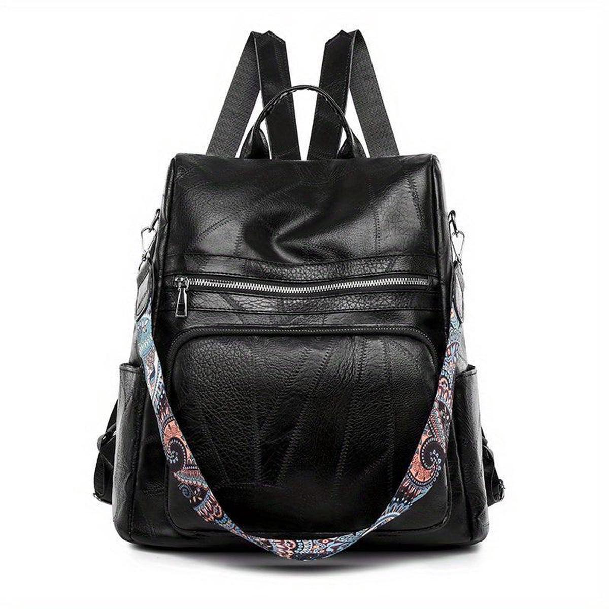 Vintage Solid Backpack Zipper Classic Rucksack With Detachable Strap Women's