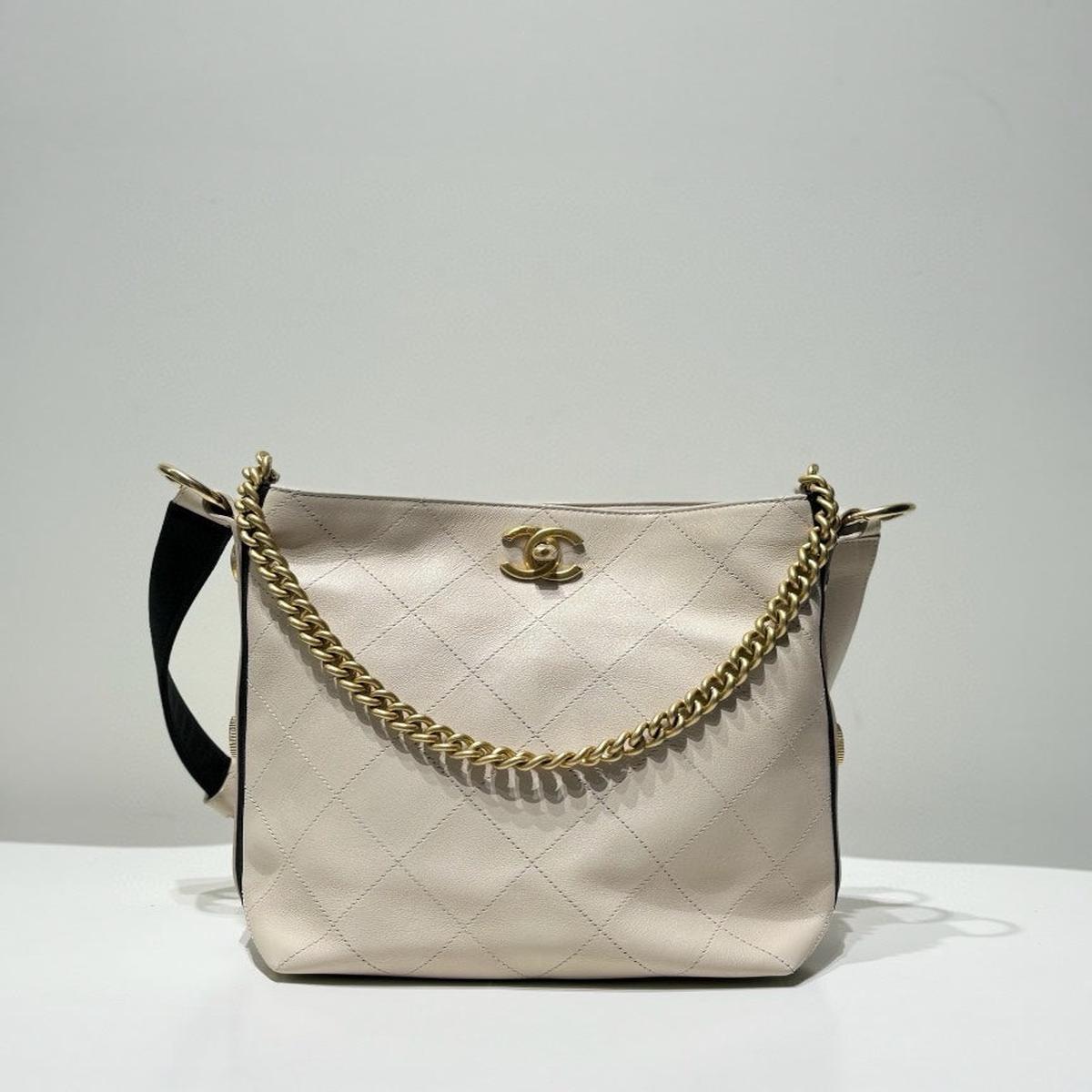 Chanel Beige Leather Quilted Chain Tote Bag Medium