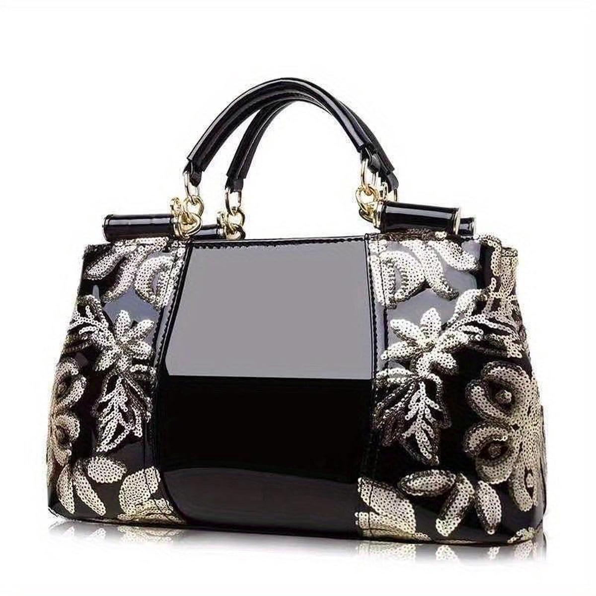 Flower Sequins Crossbody Bag Patent Leather Satchel