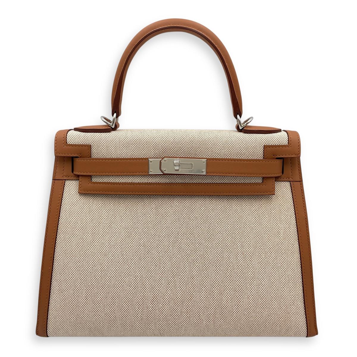 Sellier Kelly 28 Gold/Beige-Ecru in Swift/Toile Palladium hardware