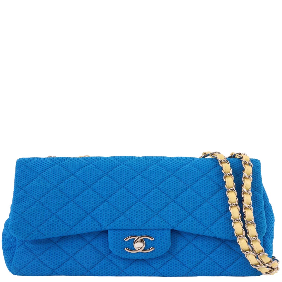 Chanel Around Made Cotton Patent Combination Turn-Lock Chain Shoulder Bag Blue/Cream