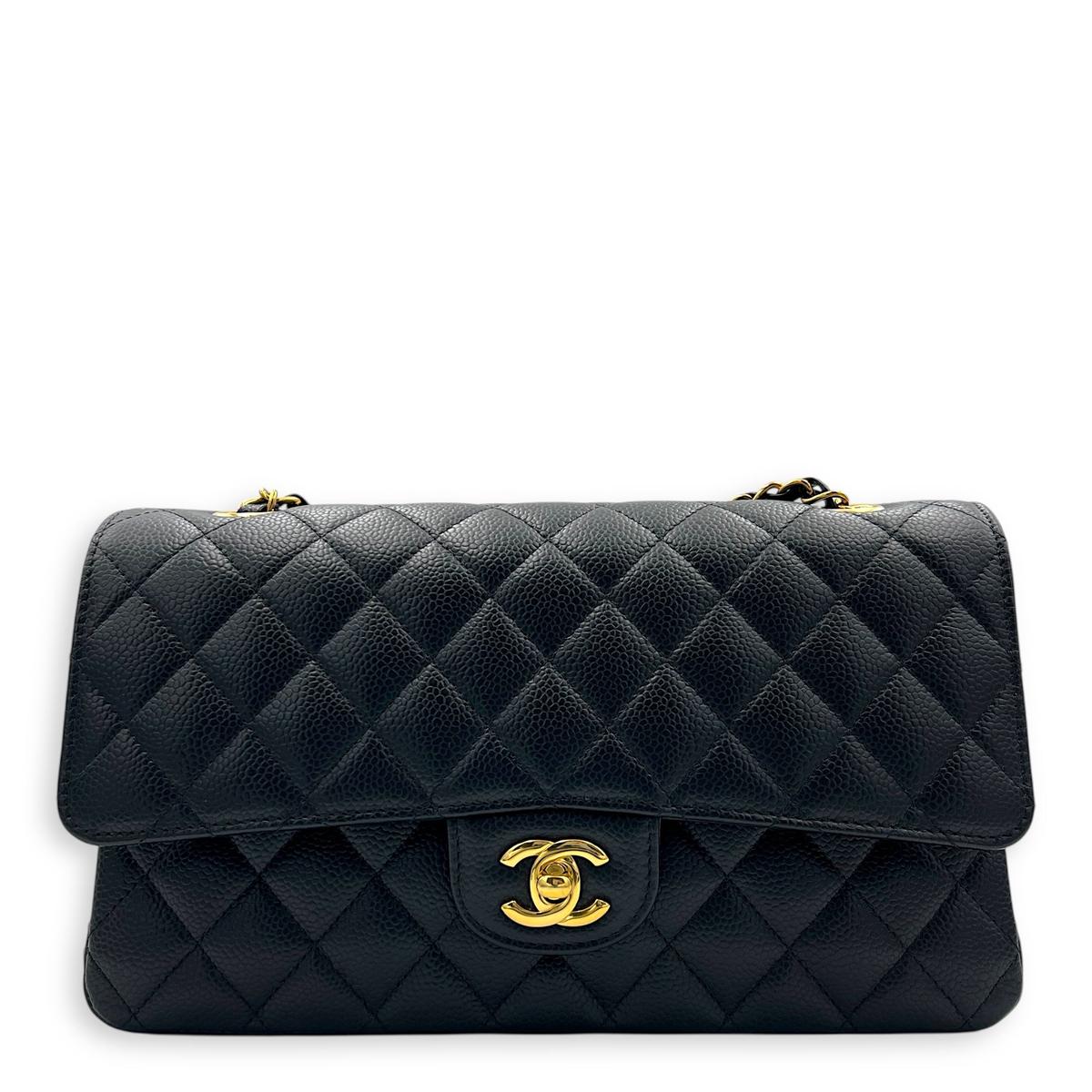 Classic Double Flap Medium Black Shoulder Bag in Caviar Leather, Gold hardware