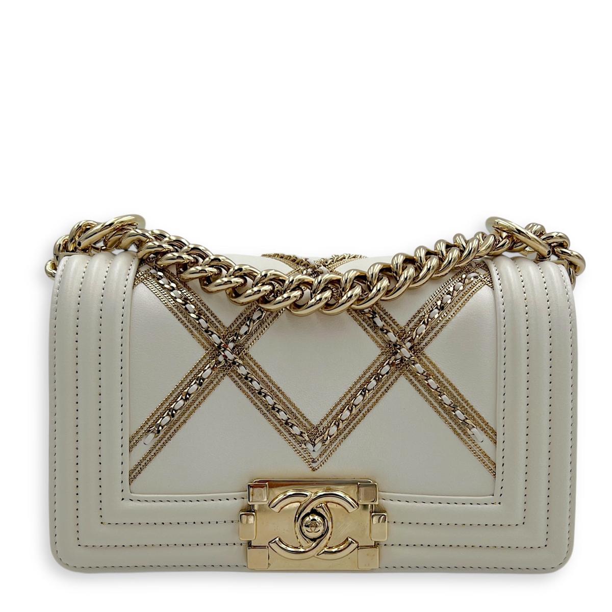 Boy Small White Shoulder Bag in Calfskin, Light Gold hardware