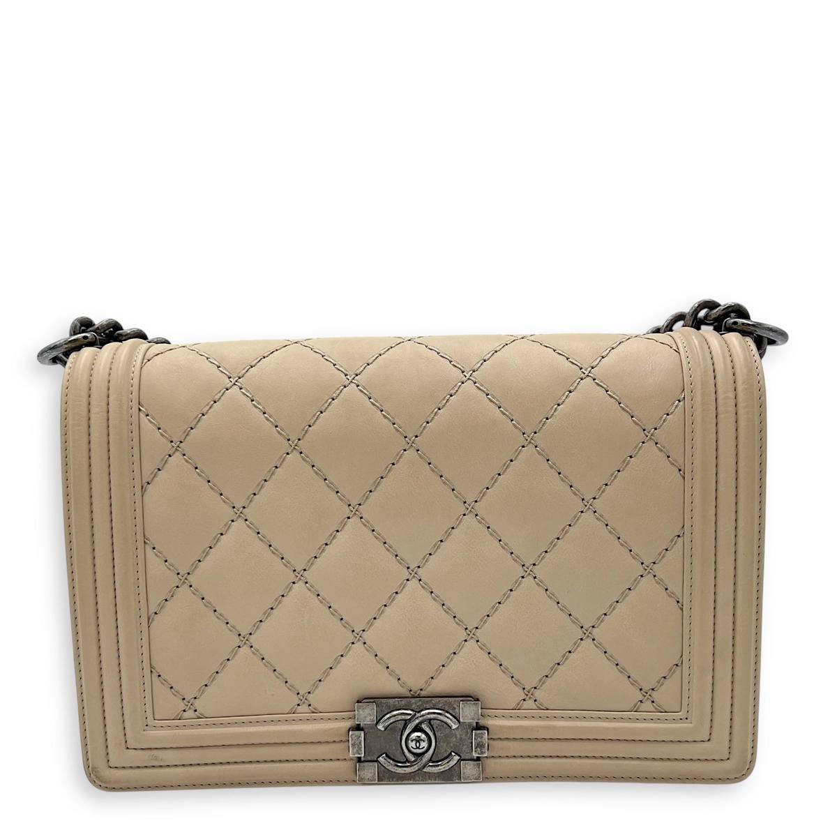 Boy Large Beige Shoulder Bag in Calfskin, Gunmetal hardware