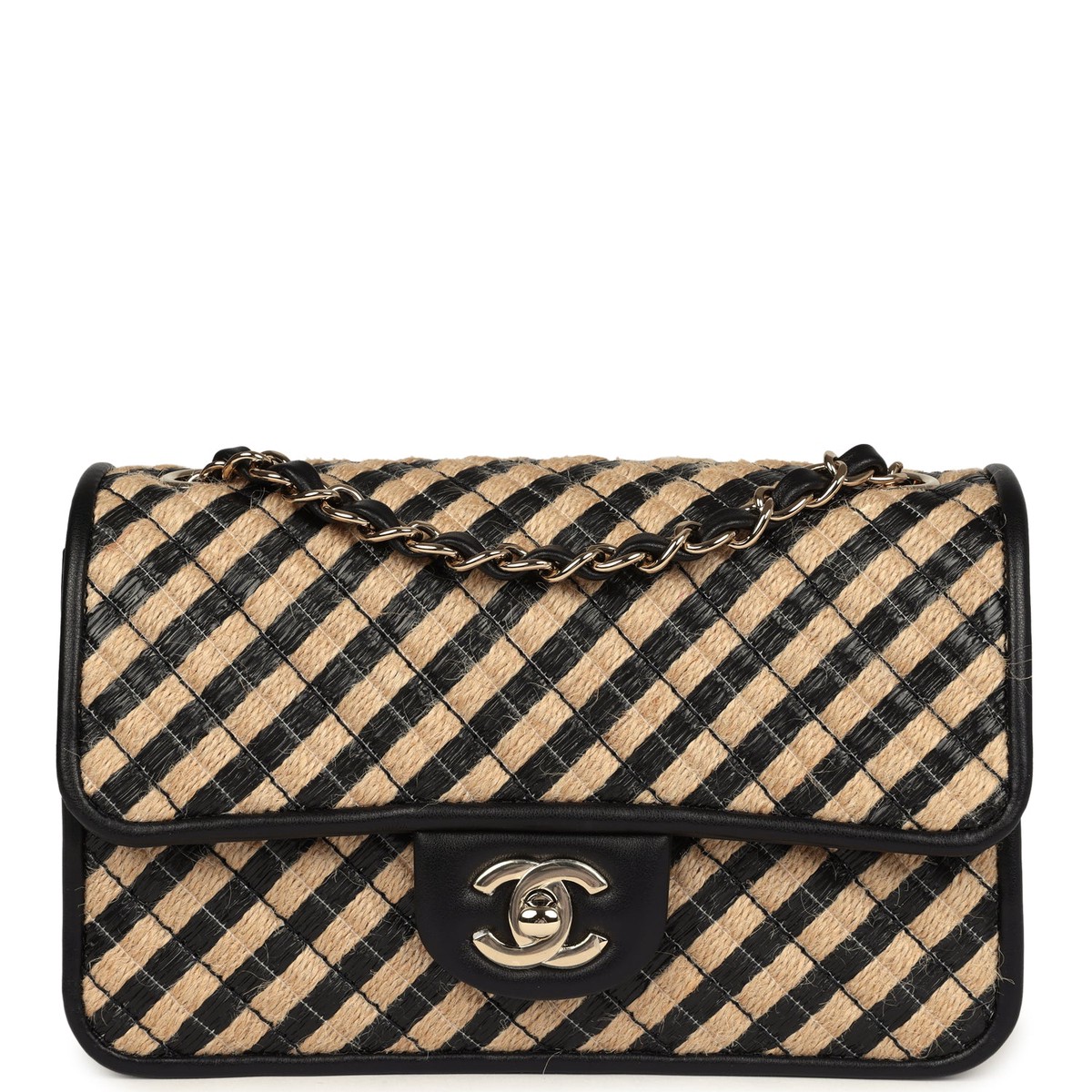 Chanel Small Urban Jungle Flap Beige and Black Stripe Raffia Jute Gold Hardware Shoulder Bag