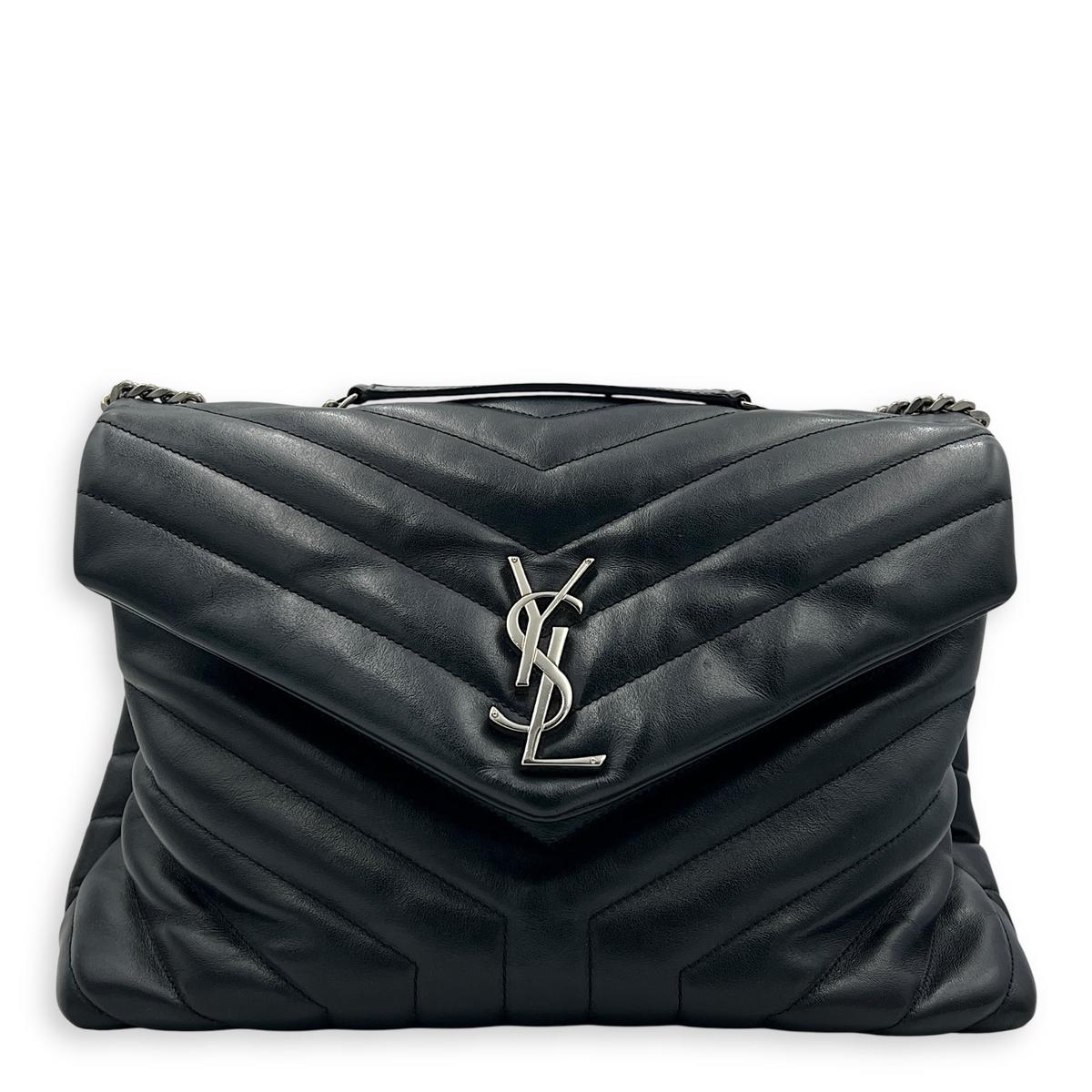 Loulou Black Shoulder Bag in Calfskin, Silver hardware
