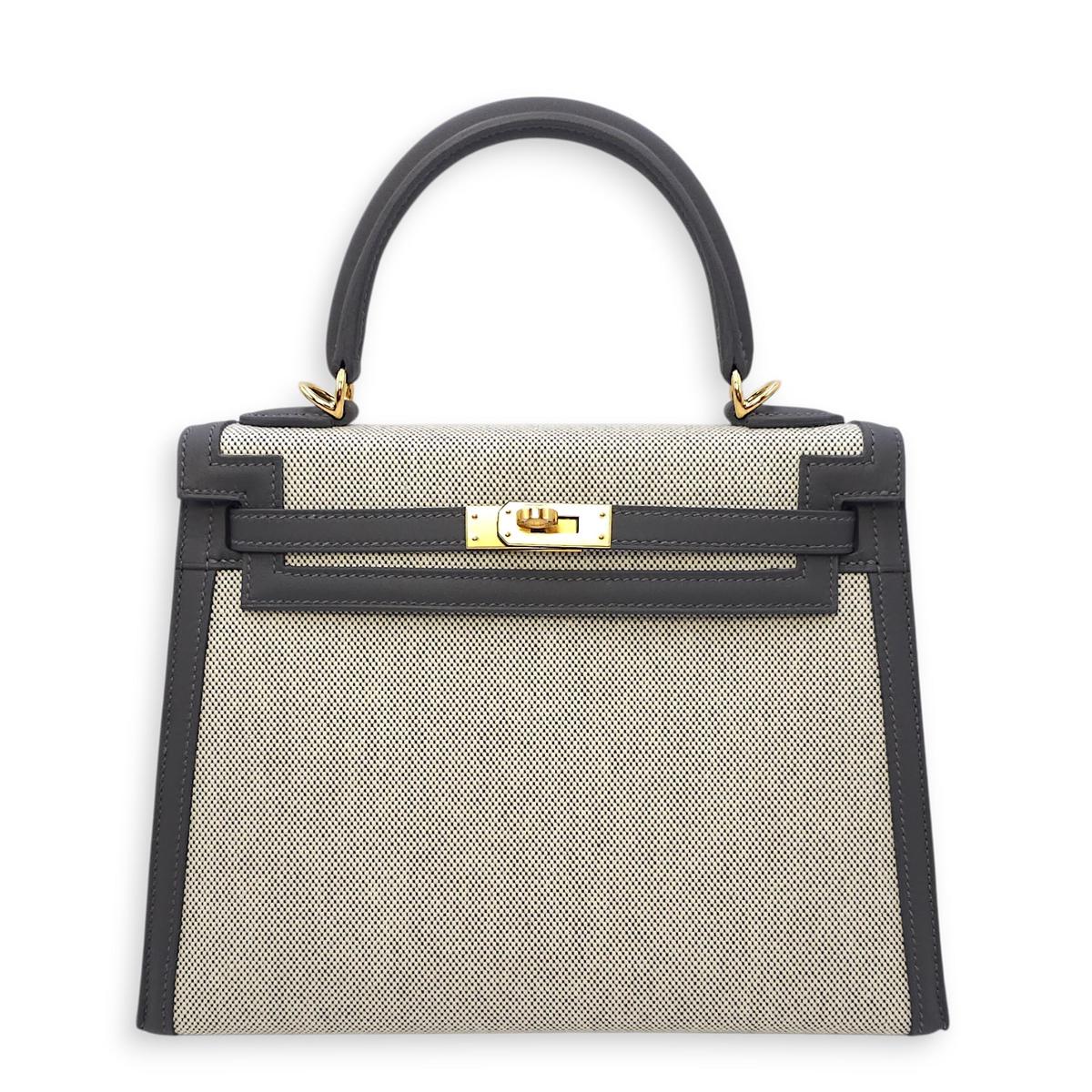 Sellier Kelly 25 Ecru-Ardoise/Ardoise in Toile/Swift Gold hardware