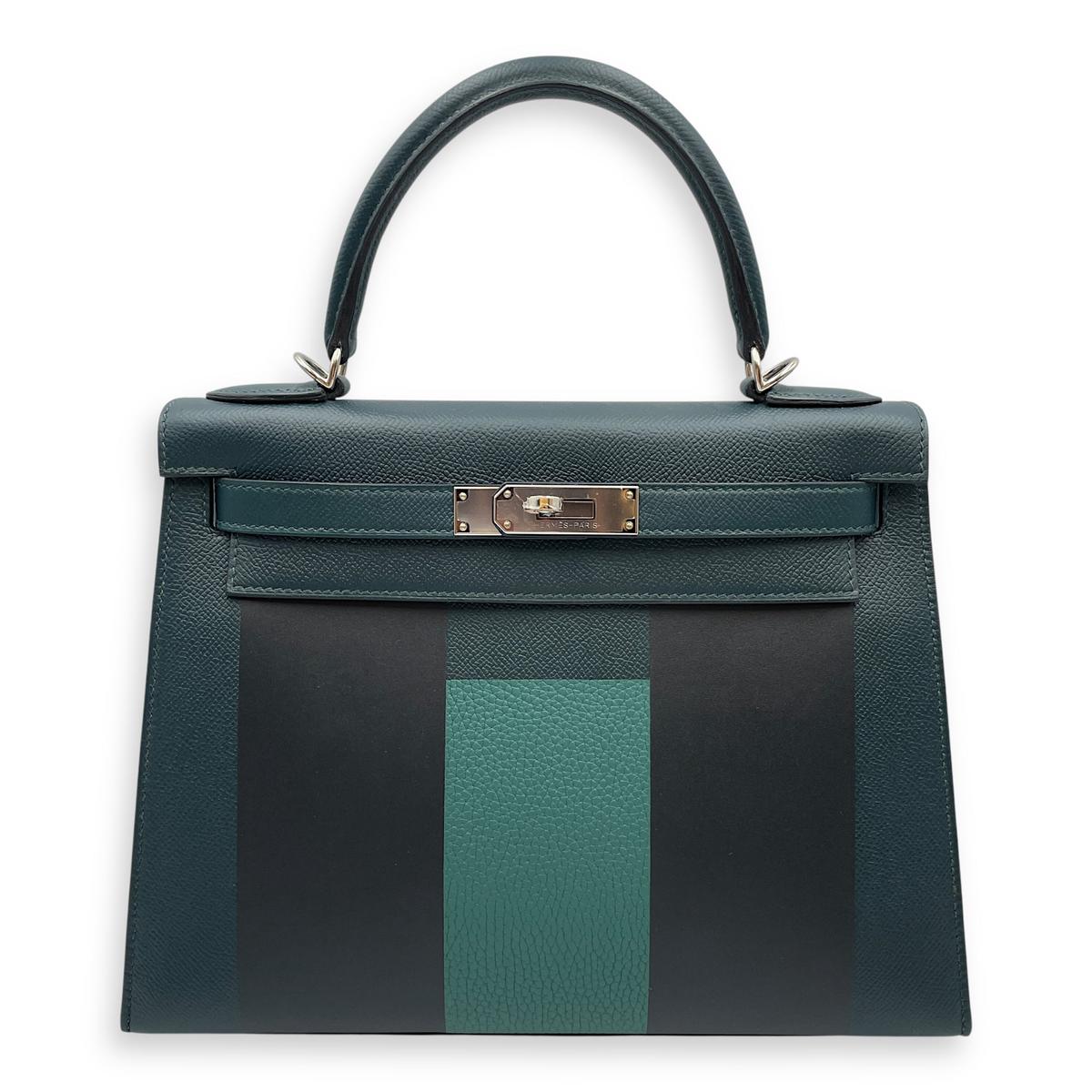 Lettre Sellier Kelly 28 Vert Cypres/Blue Obscure/Malachite in Epsom/Sombrero/Clemence, Palladium hardware
