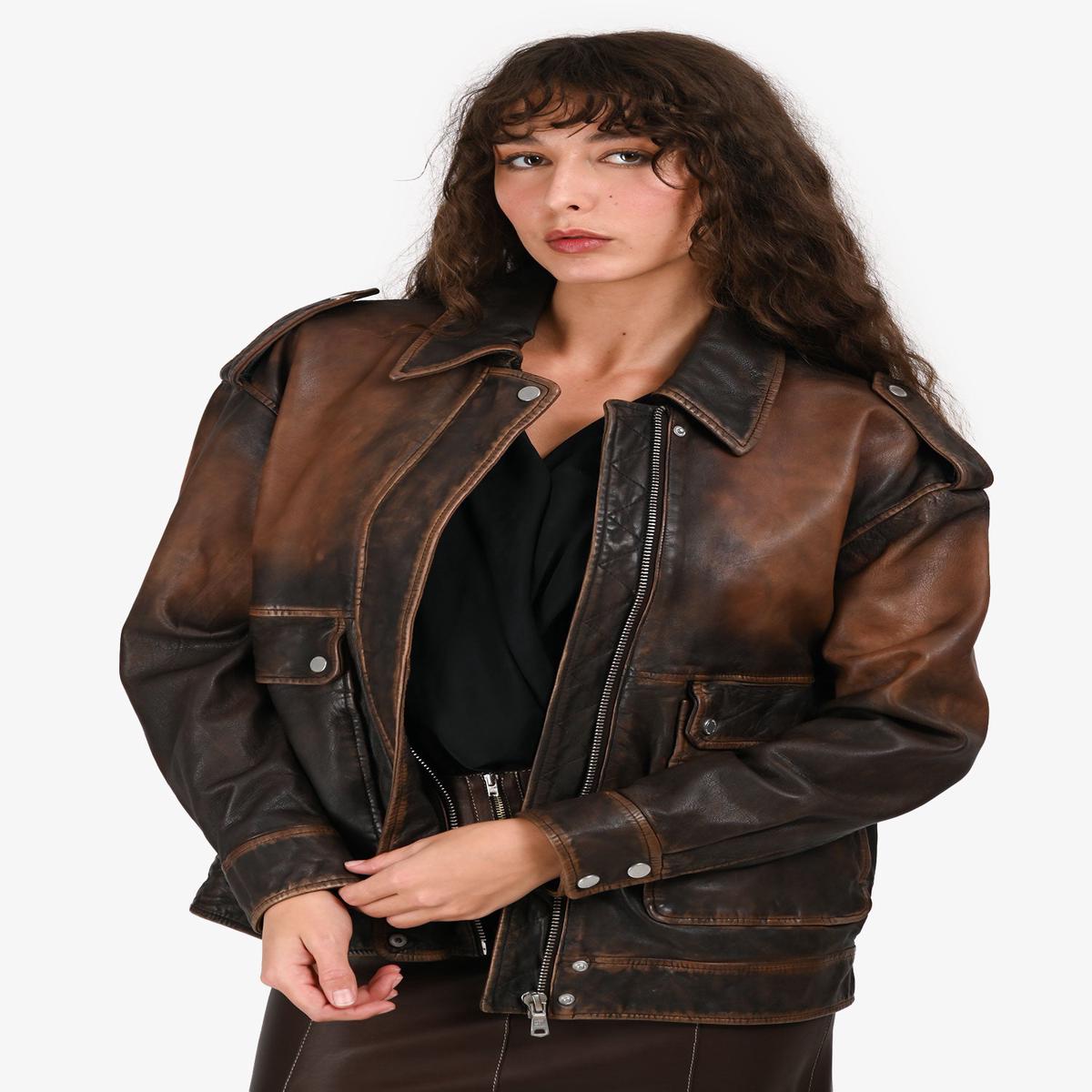 Avec Les Filles Aged Brown Leather Oversized Jacket Size XS