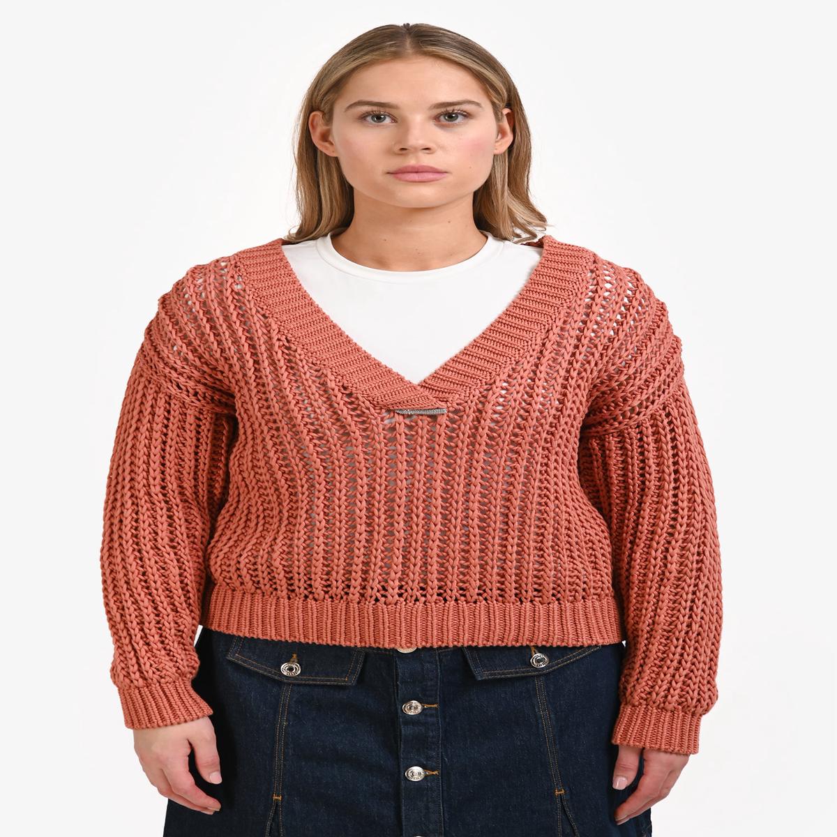 Brunello Cucinelli Peach Cotton Open Knit V-Neck Sweater Size S