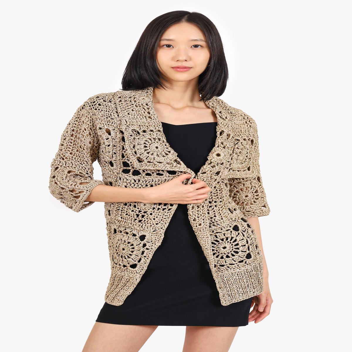 Dries Van Noten Gold/Black Crochet Short Sleeve Cardigan Size S