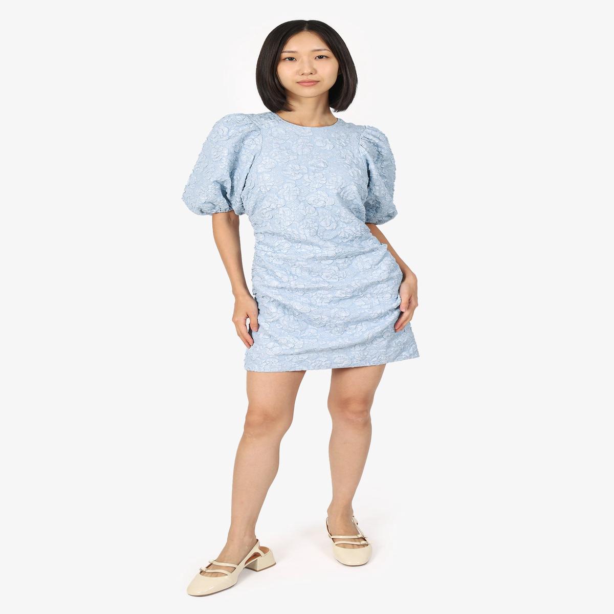 Ganni Blue Stretch Jacquard Puff Sleeve Mini Dress Size 36