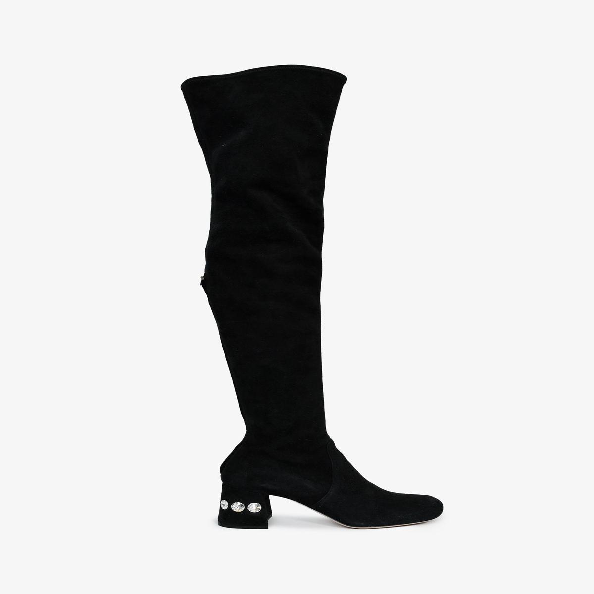 Miu Miu Black Suede Leather Crystal Embellished Knee High Boots Size 35.5