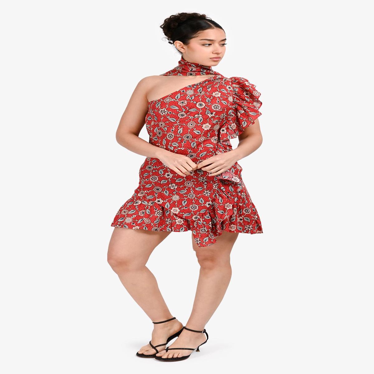 toile Isabel Marant Red Linen Belted Floral Print One-Shoulder Sleeveless Mini Dress With Ruffle Detail Size 40