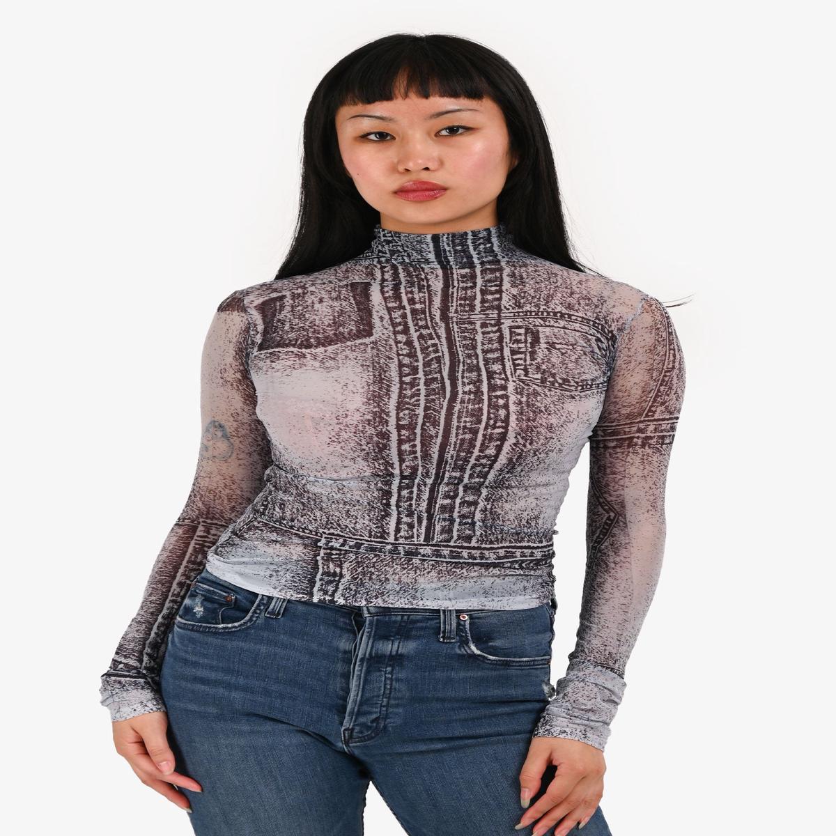Acne Studios Light Grey/Black Printed Sheer Turtleneck Top Size XS