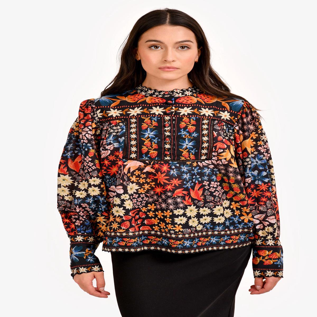 Farm Rio Navy Blue Printed 'Juju's Garden' Balloon Sleeve Blouse Size M