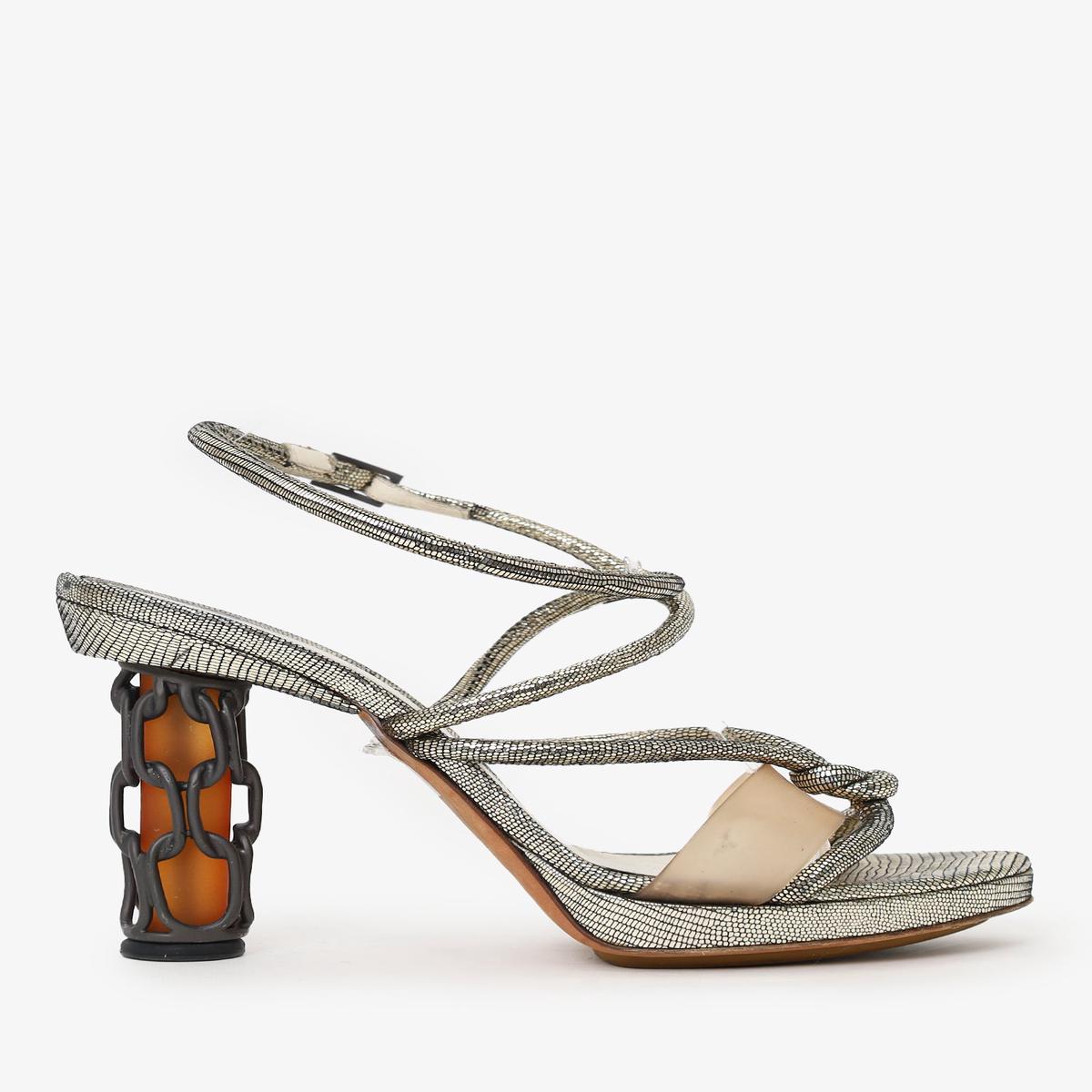 Fendi Silver Metallic Lizard Embossed Chain Detail Heels Size 40