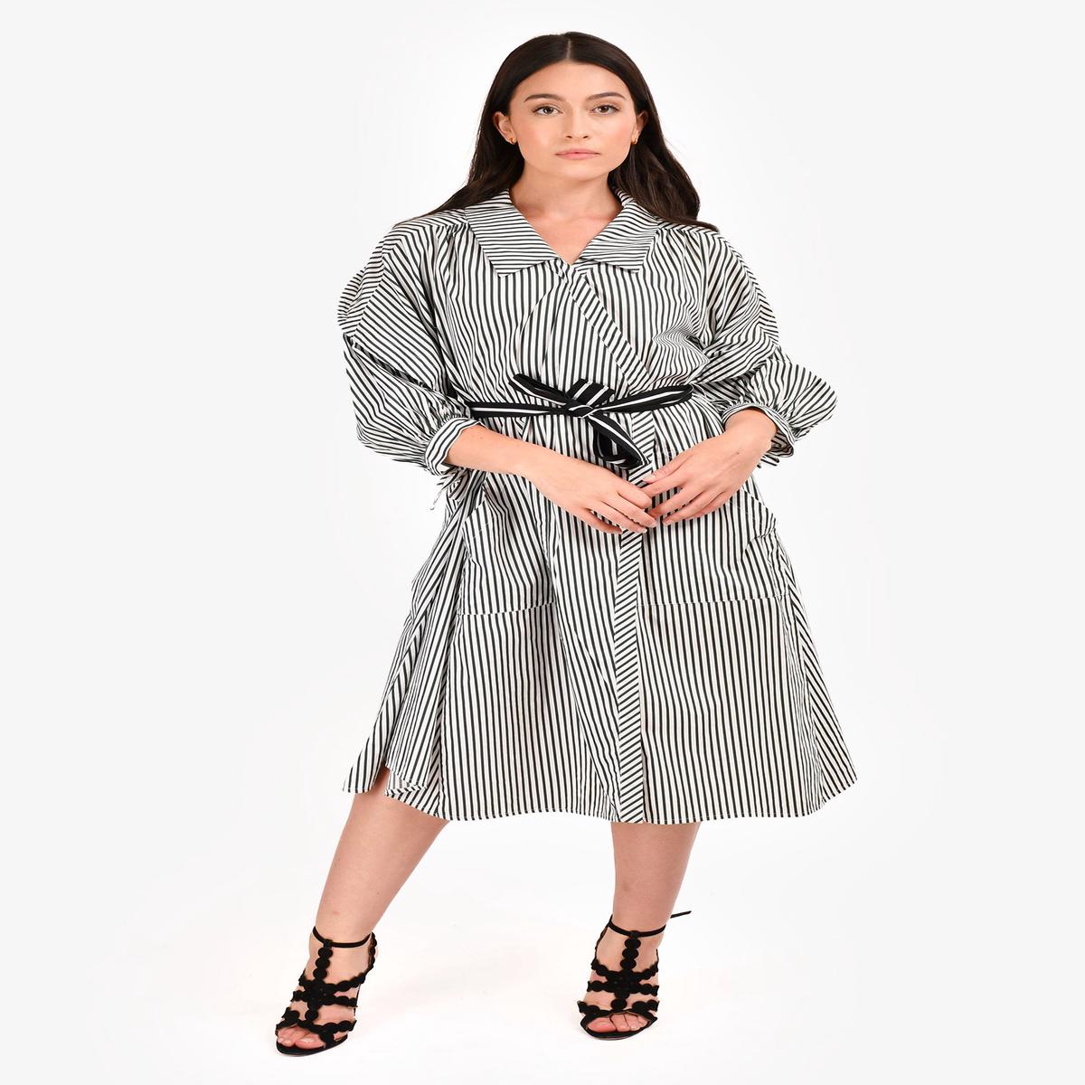 Maje Green Striped Cotton Button Down Belted Shirt Midi Dress Size 2