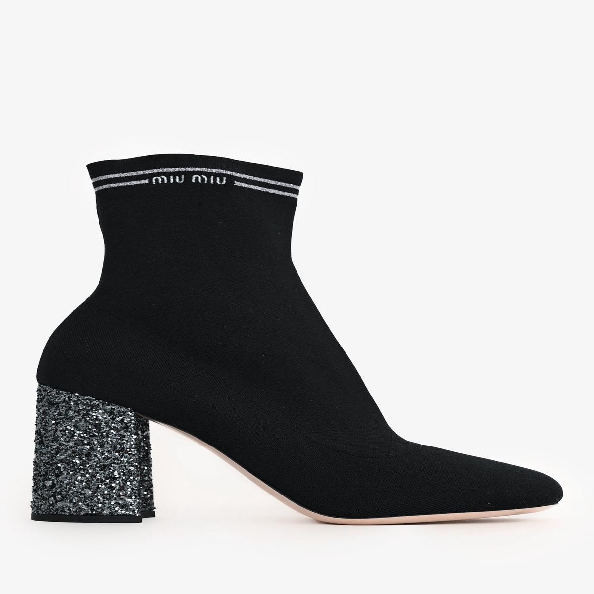 Miu Miu Black/Silver Logo Knit Ankle Boots Size 38.5