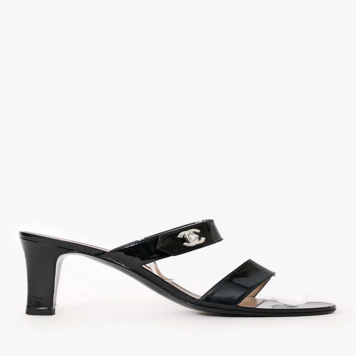Pre-Loved Chanel Black Patent Turn Lock CC Heeled Sandals Size 39