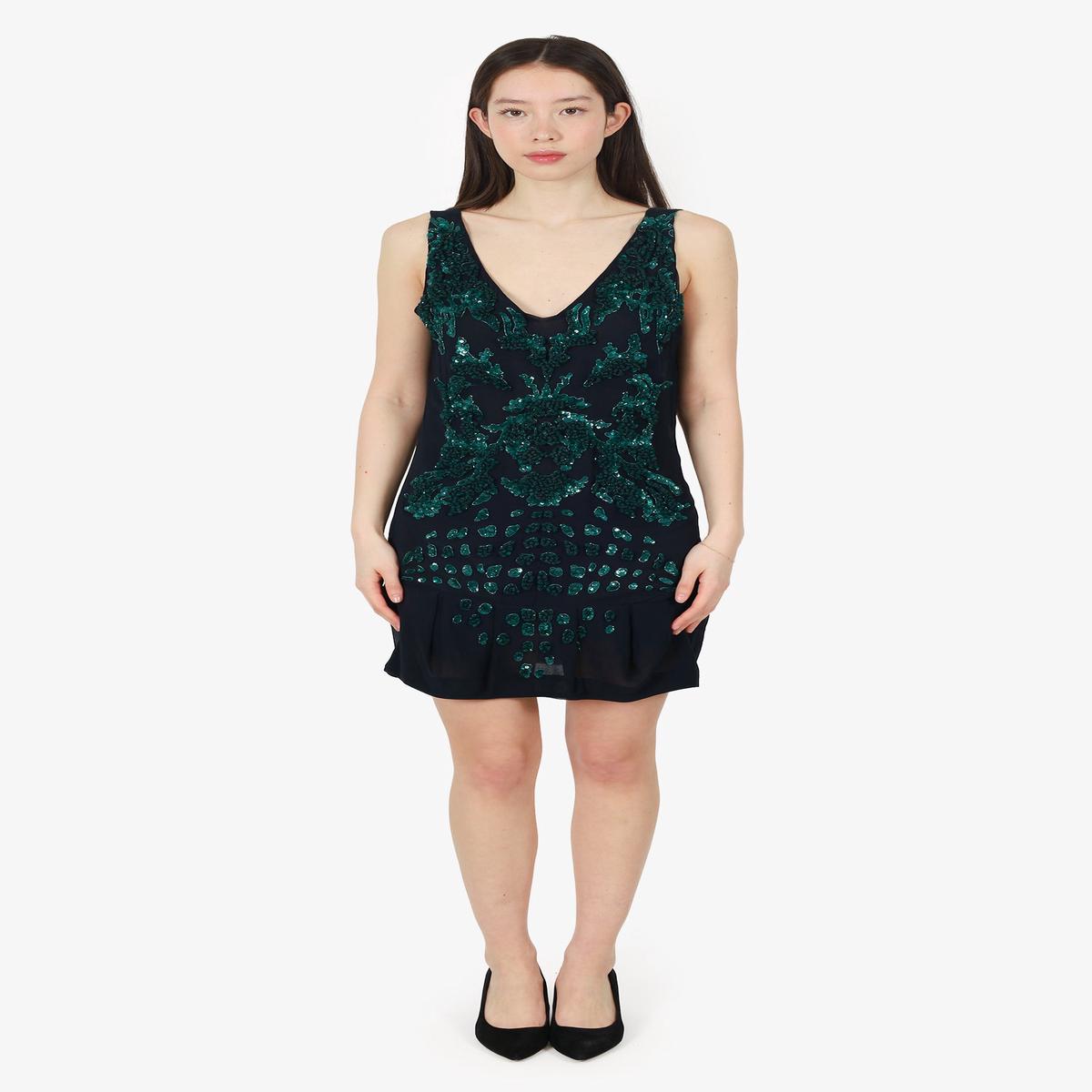 Roberto Cavalli Black/Green Sheer Sequin Detail Sleeveless Mini Dress Size 42