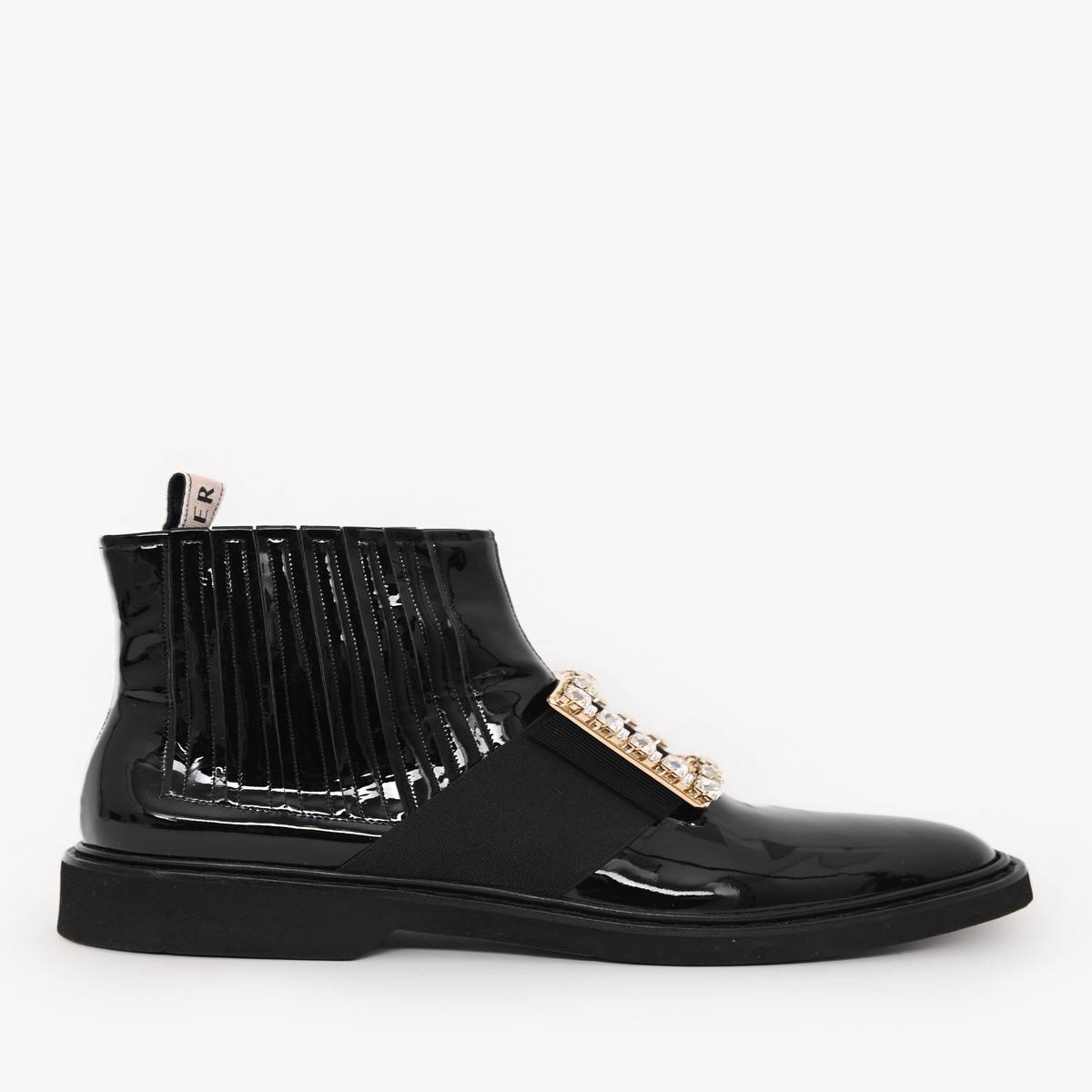 Roger Vivier Black Patent Leather Crystal Embellished Buckle Chelsea Boots Size 38