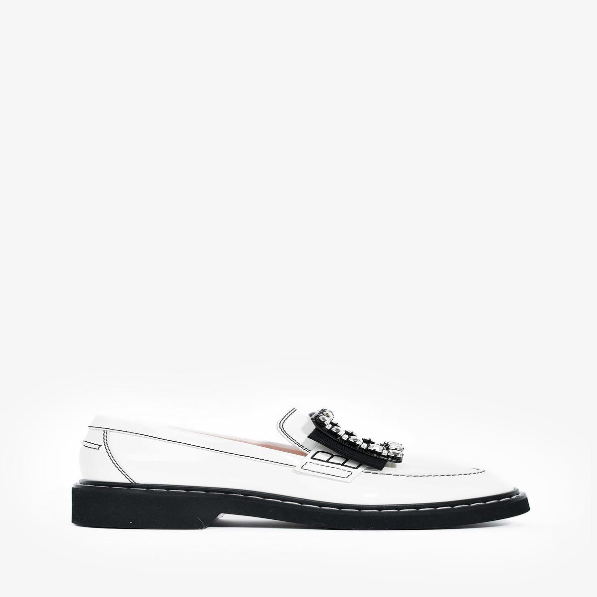 Roger Vivier White Patent Crystal Buckle Loafers Size 37