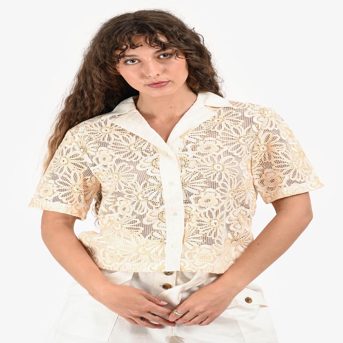 Sandro Beige Flower Crochet Short Sleeves Button Down Top Size 38