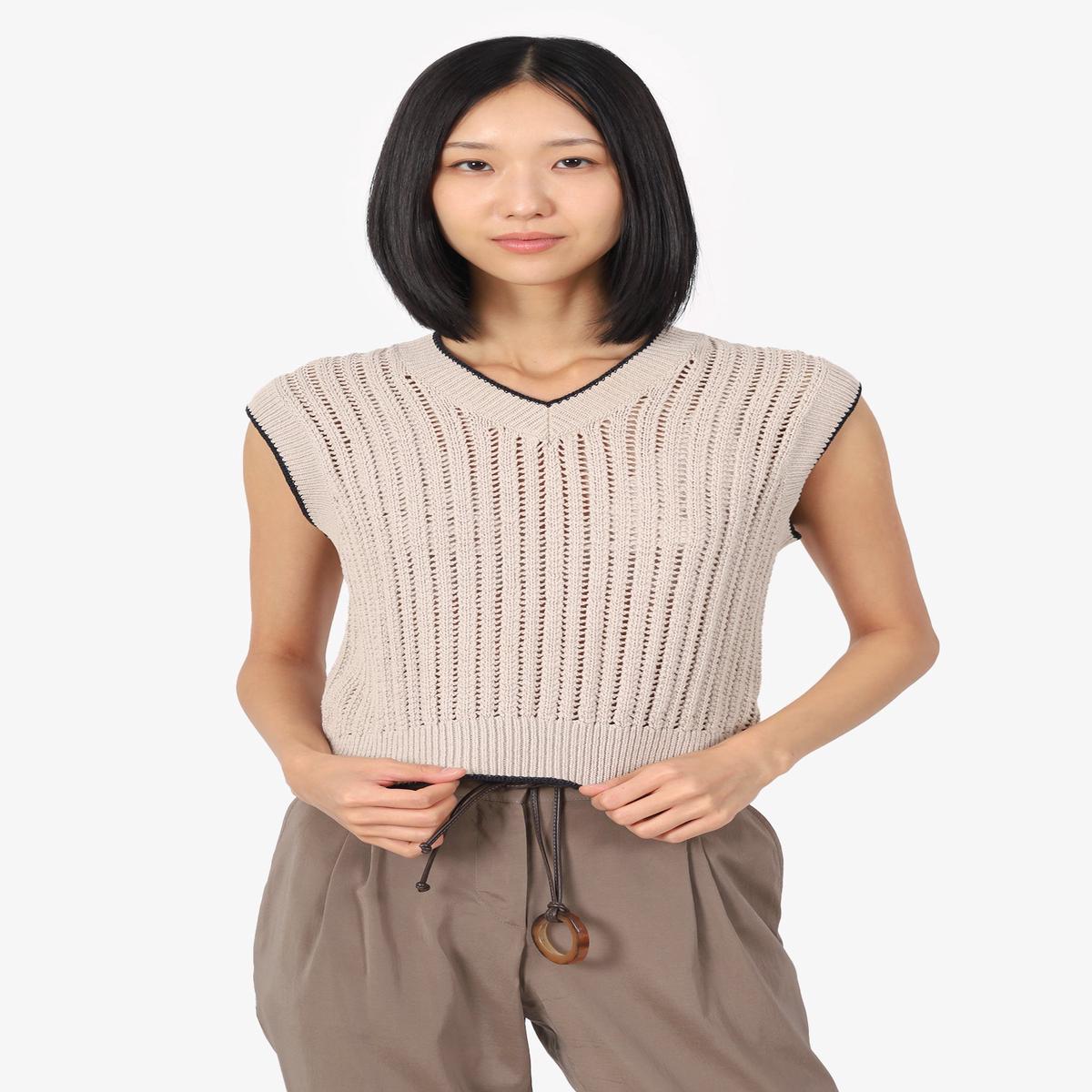 Brunello Cicinelli Beige/Black Trim Knit Cropped Vest Size S