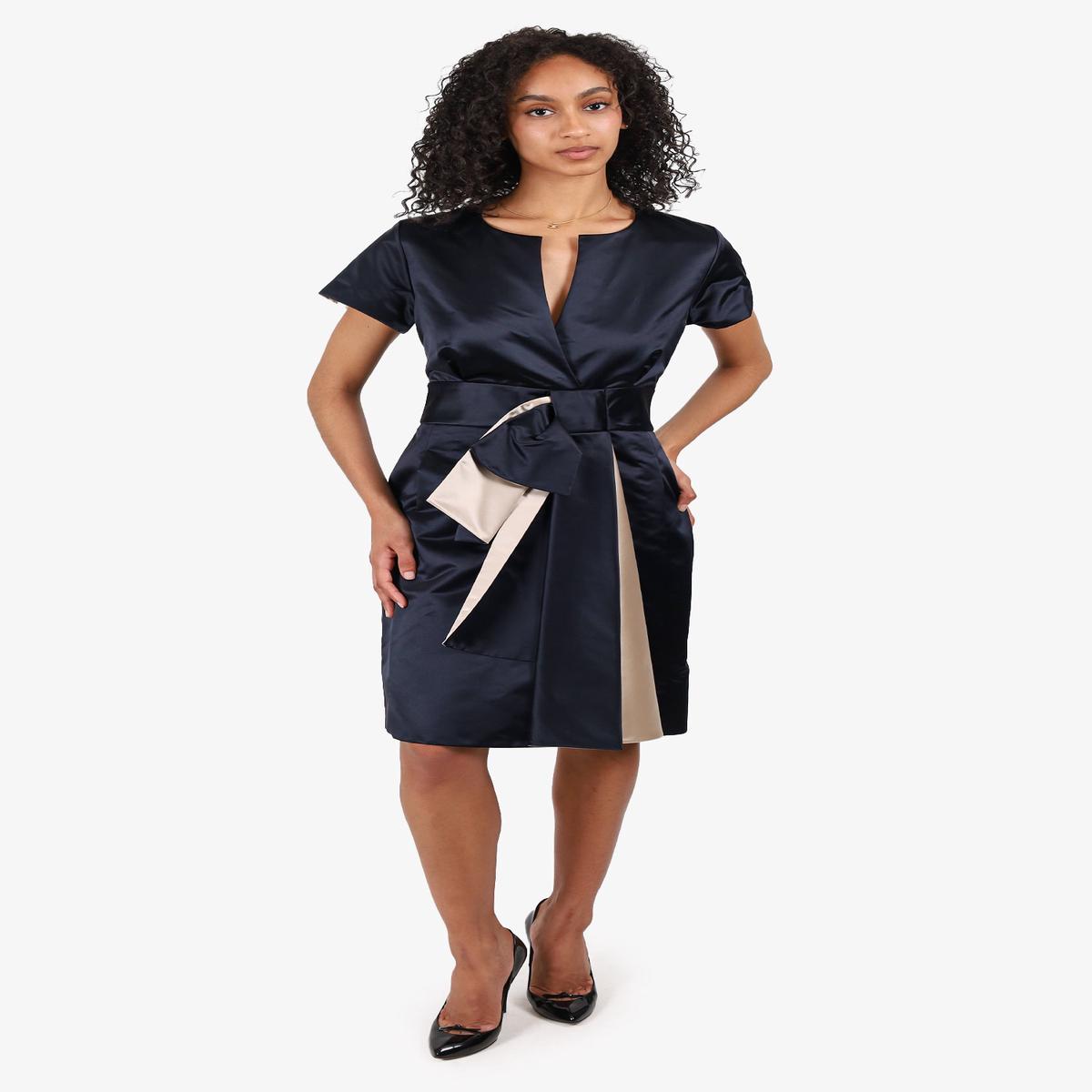 Celine Black/Taupe Silk Satin Bow Detail Short Sleeve Knee Length Dress Size 42