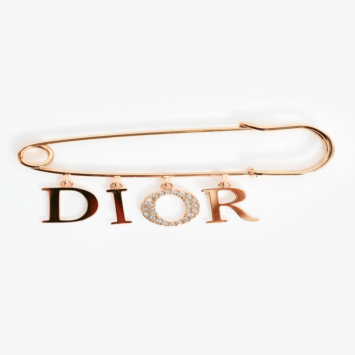 Christian Dior Gold Toned Metal Crystal Embellished 'DIOR' Safety Pin Charm