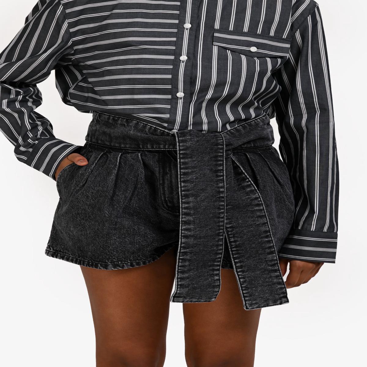 IRO Black Denim Wide Tie Belt Shorts Size 36