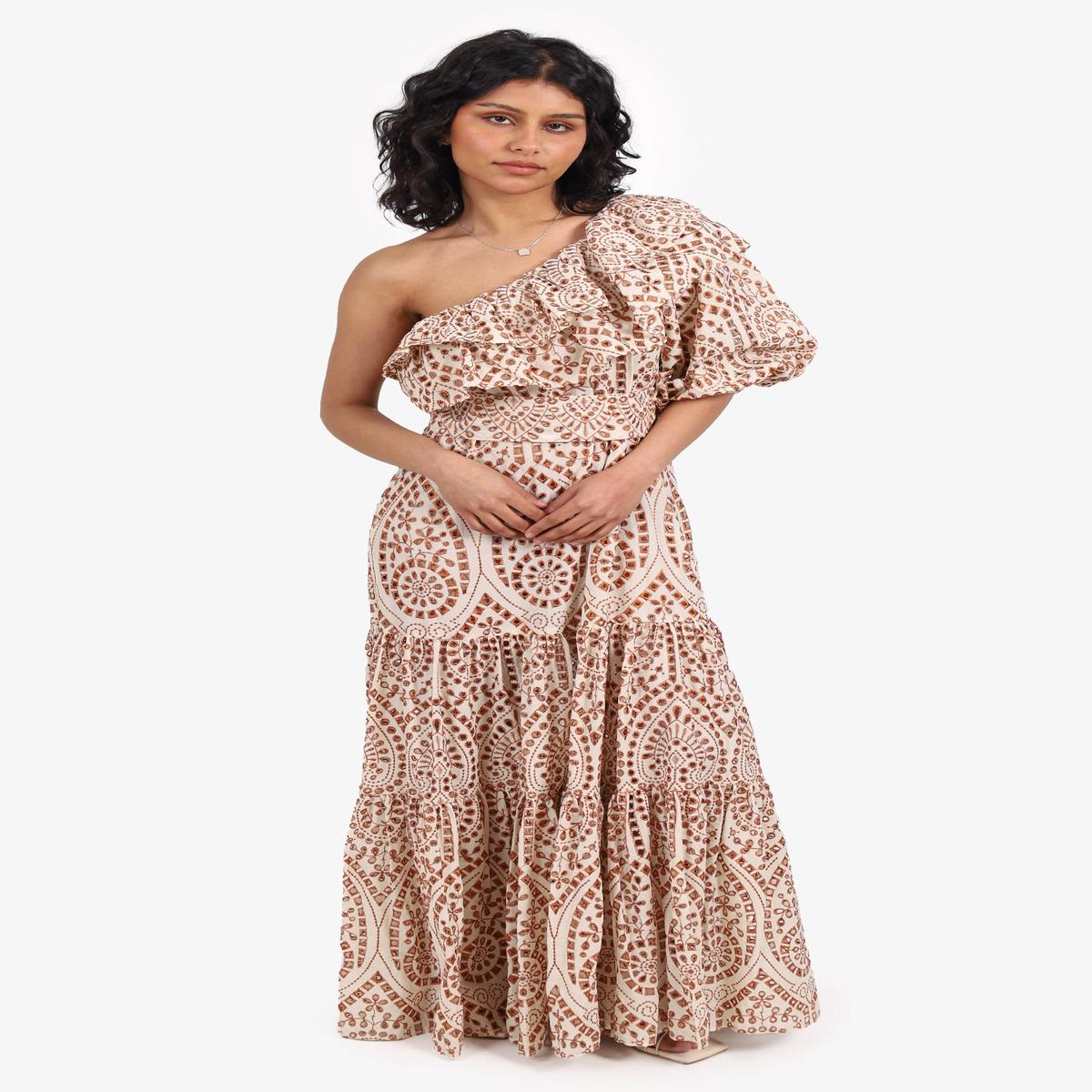 Lisa Marie Fernandez Cream/Orange One Shoulder Maxi Dress with Belt Size 3