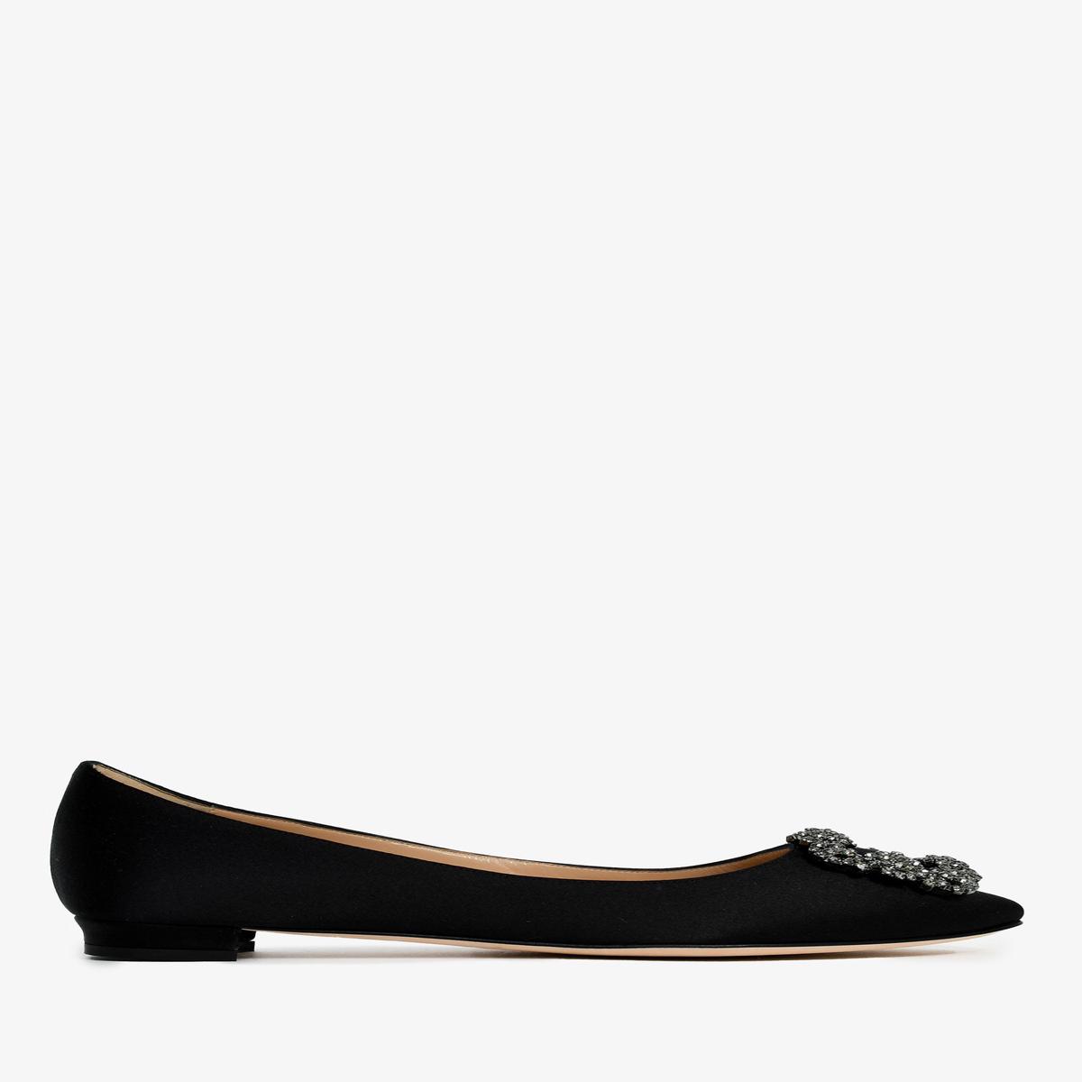 Manolo Blahnik Black Satin Crystal Buckle Embellished 'Hangisiflat' Flats Size 37.5